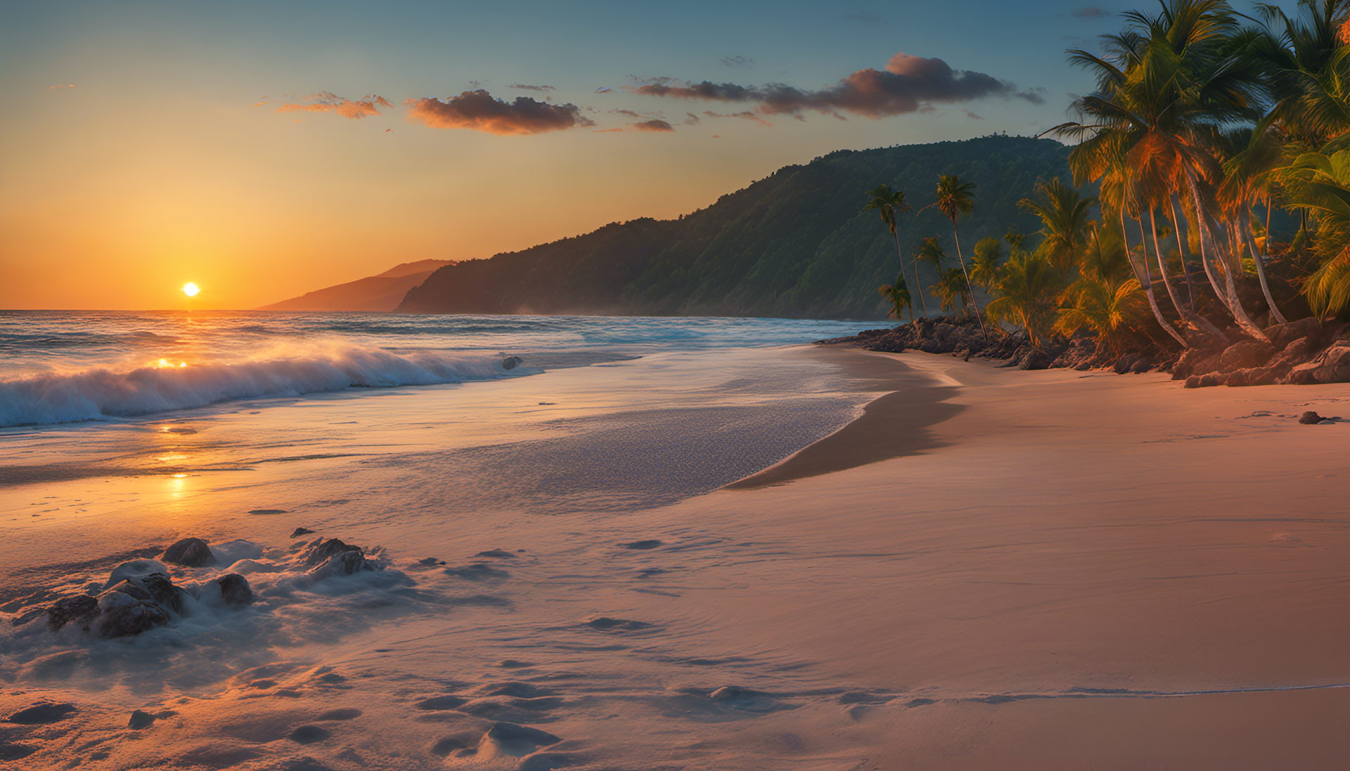 Glowing beach at sunset with colorful reflections on the water.