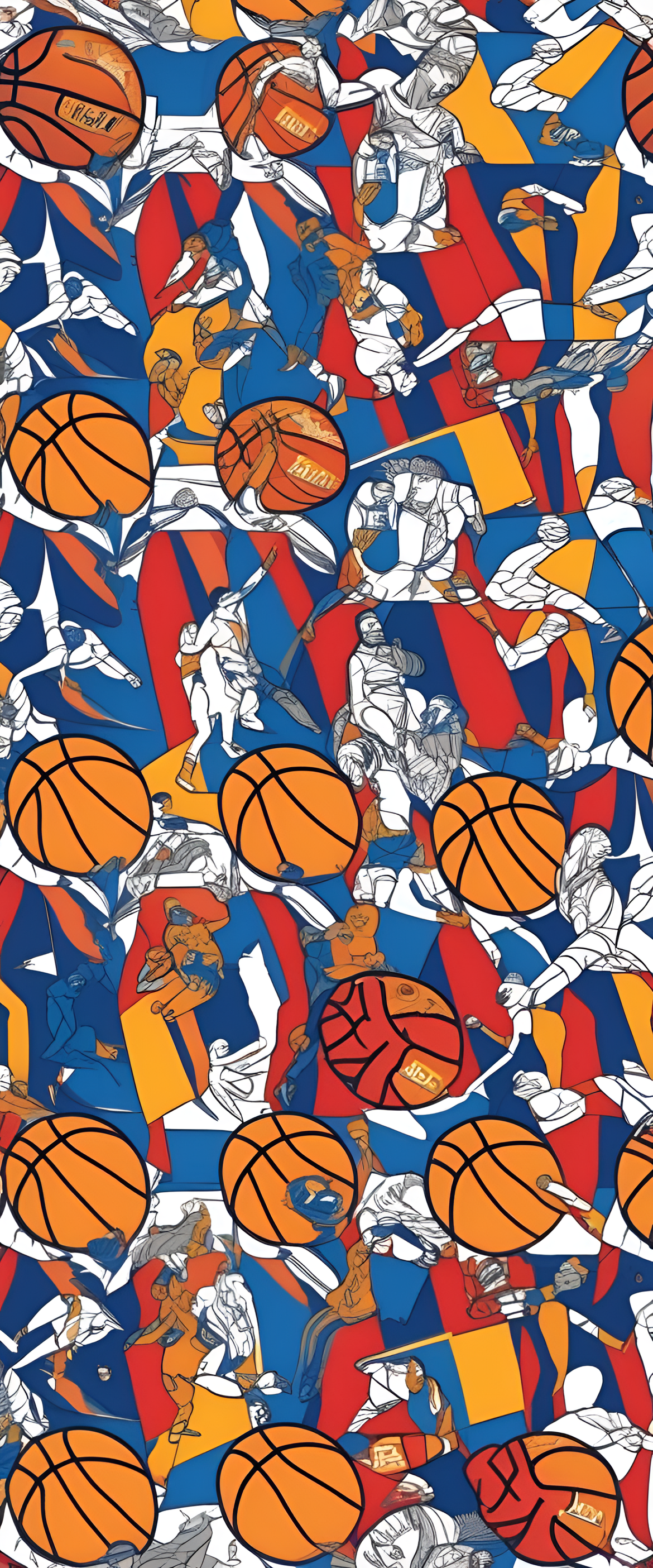 Colorful NBA-inspired phone wallpaper with player silhouettes and team logos.