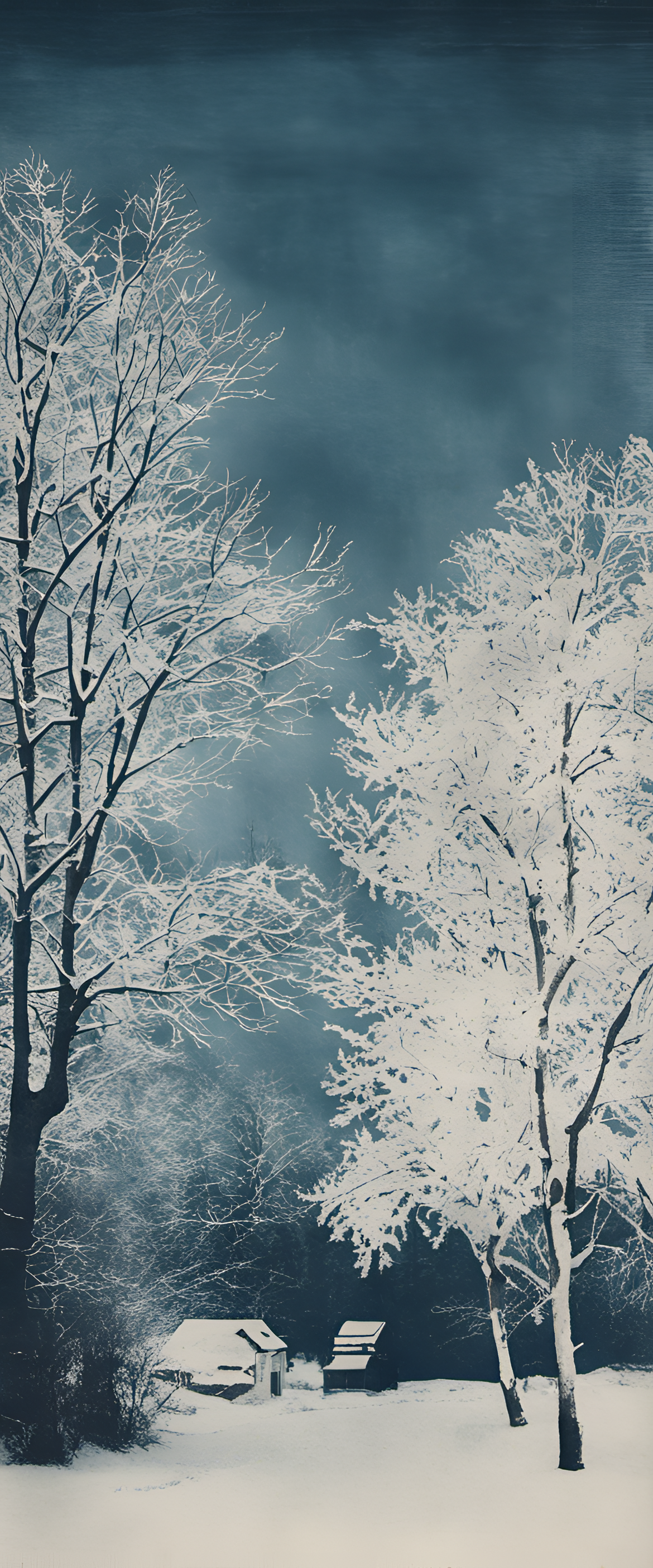 Winter landscape with icy blue tones, resembling a cyanotype print.