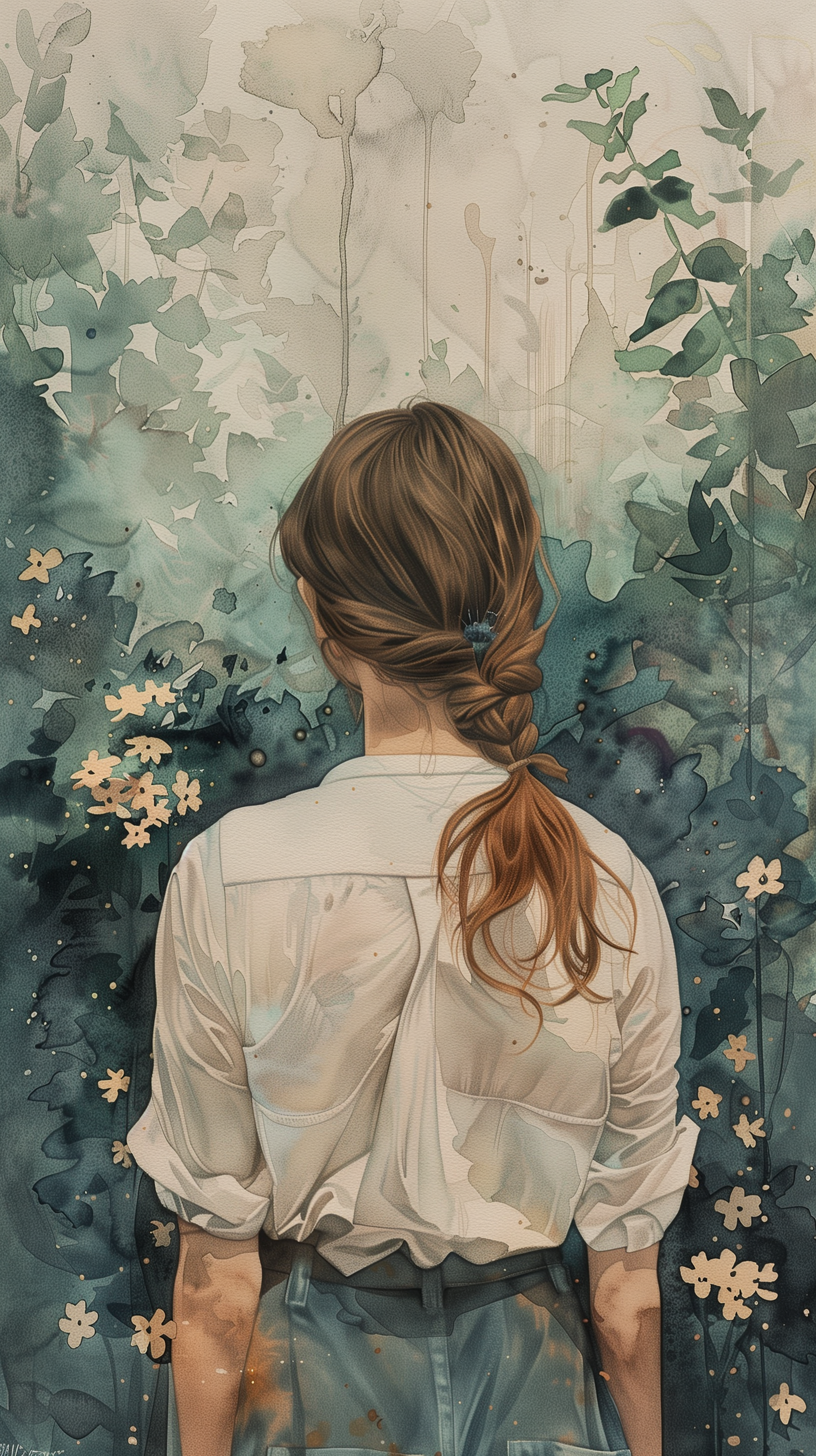 A preppy woman with a braided ponytail is seen from behind, wearing a white blouse and denim shorts. The artistic background is a blend of abstract floral and green foliage, creating a serene atmosphere. HD Phone Wallpaper.