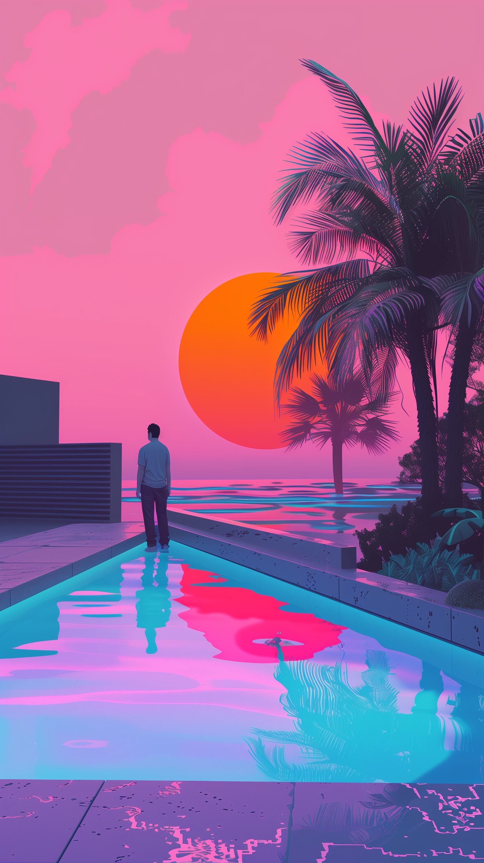 A person stands beside a tranquil swimming pool, reflecting vibrant pink and orange hues of a sunset, surrounded by palm trees and a serene atmosphere, creating a cool, aesthetic vibe.