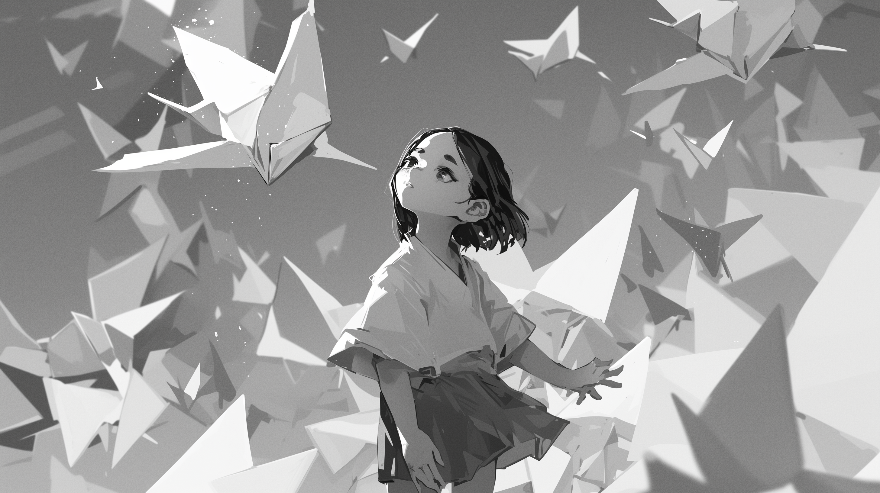 A young girl gazes up at numerous floating white origami figures against a gray background. The scene has a dreamy, whimsical quality, making it an intriguing HD desktop wallpaper.