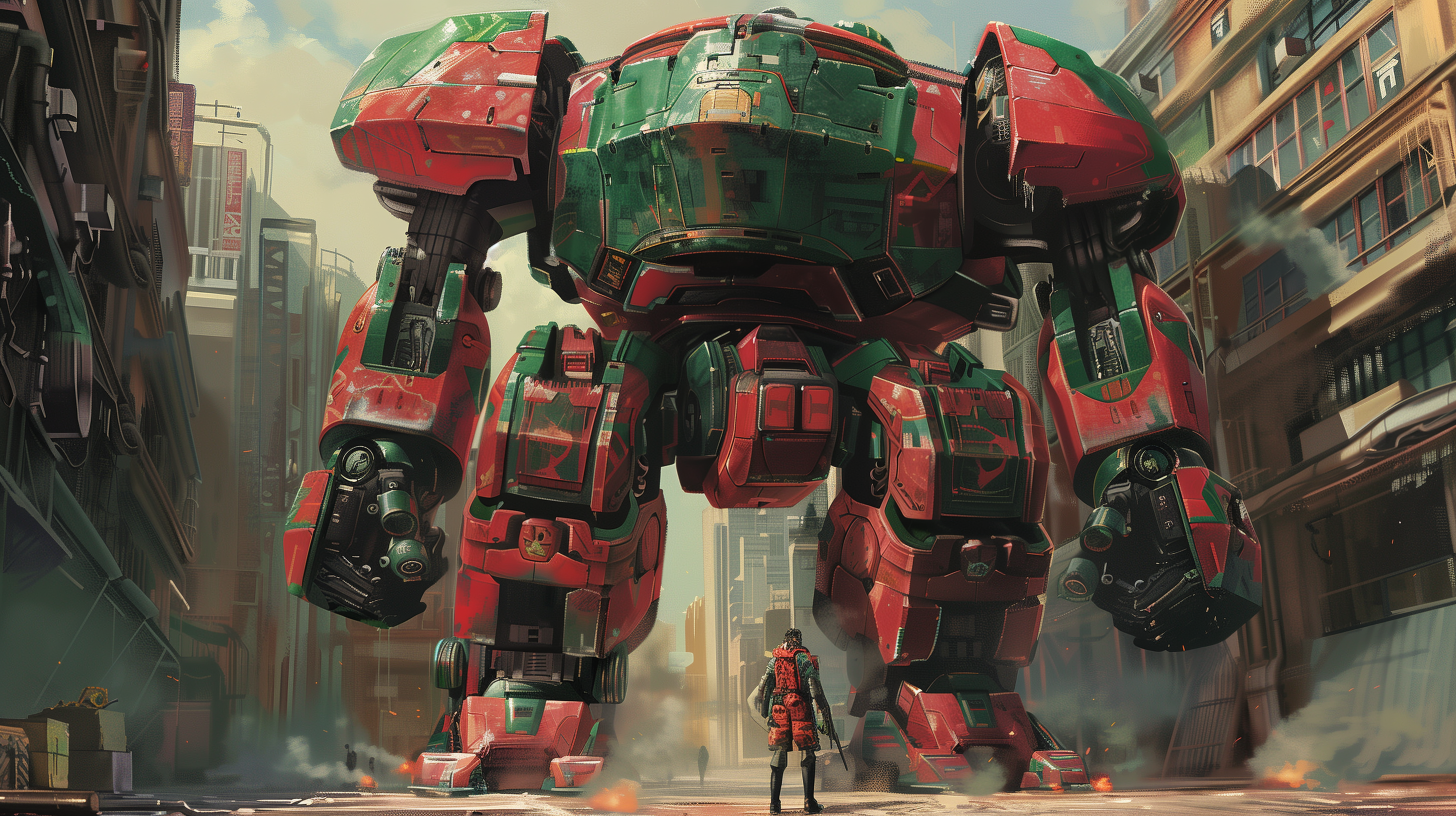 A sci-fi HD desktop wallpaper featuring a colossal mech in red and green colors. A lone figure stands in front of the imposing machine, surrounded by an urban setting.