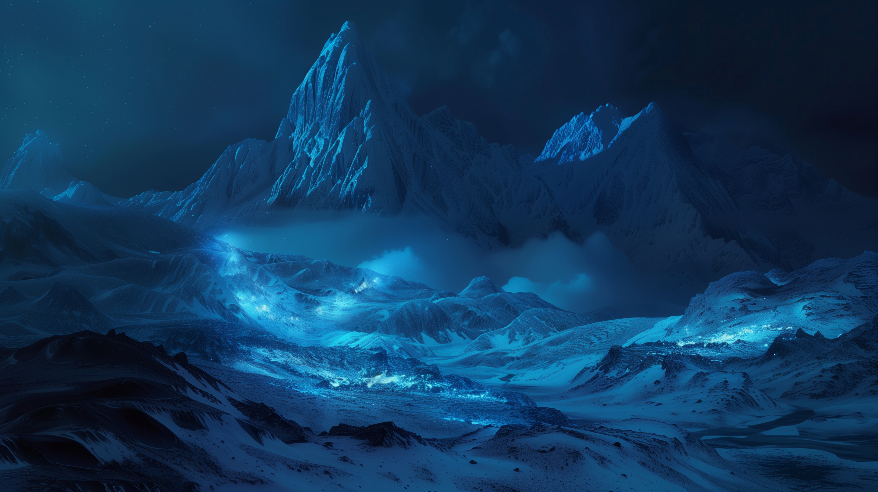 A stunning HD desktop wallpaper showcasing a moonlit blue mountain landscape, with jagged peaks and a shimmering glacial valley enveloped in a serene, icy atmosphere.