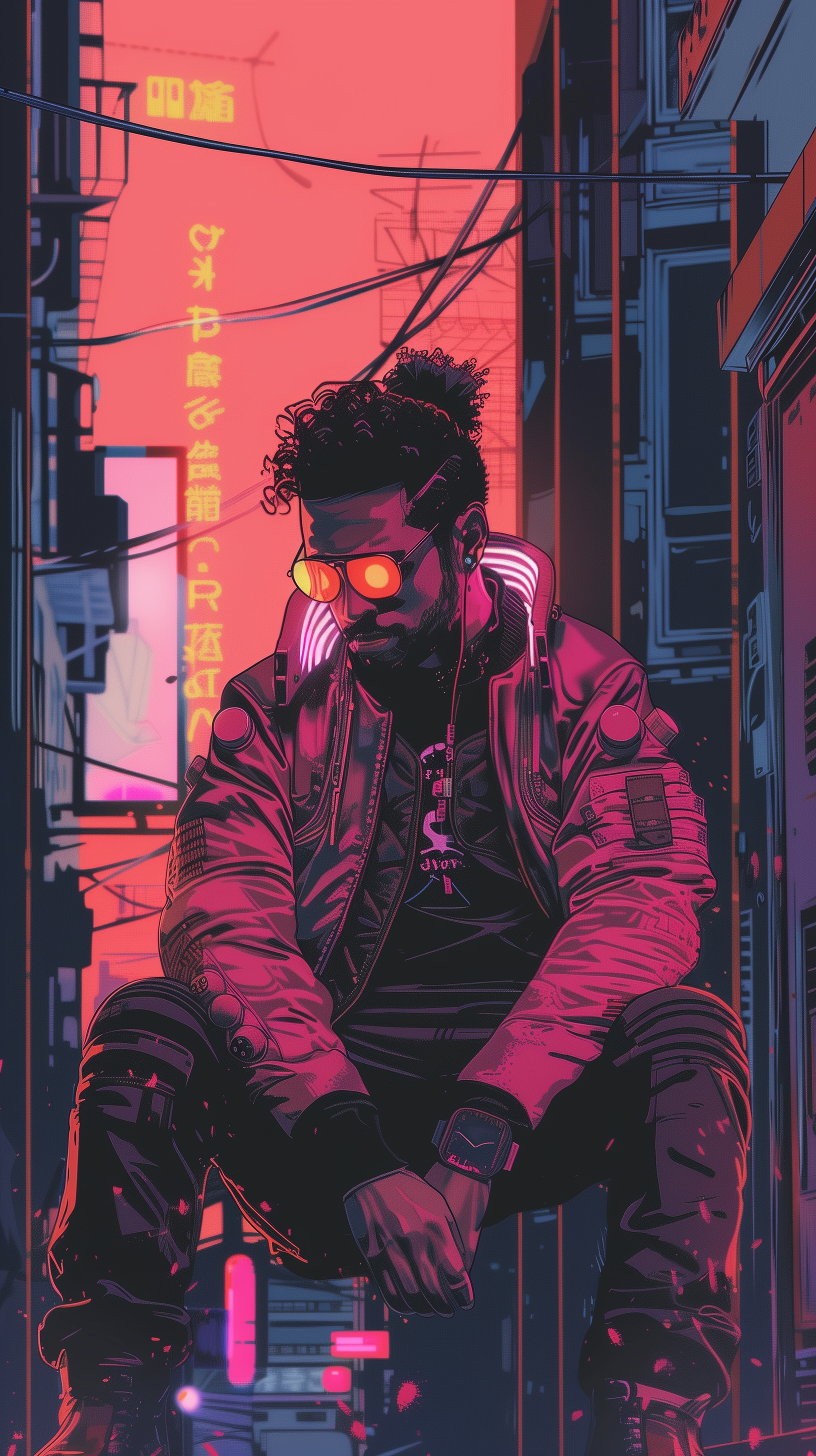 A stylish man with curly hair and glowing red sunglasses sits in a neon-lit city alley, dressed in a black jacket, exuding a cool, cyberpunk vibe against a vibrant backdrop.