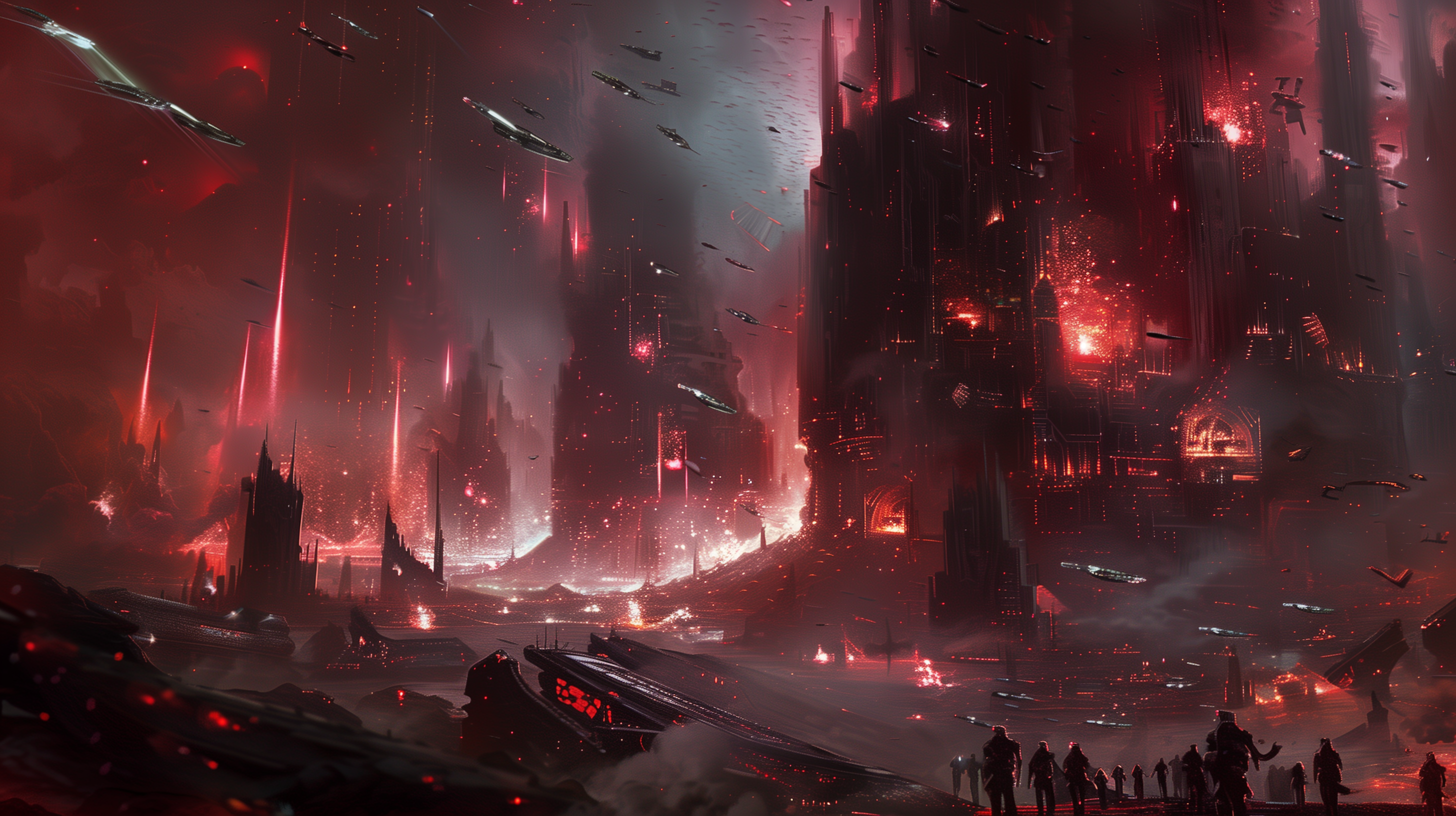 A sci-fi battle rages in a dystopian cityscape, with towering, jagged buildings illuminated by a fiery red glow and warships hovering in the smoky sky. Figures on the ground prepare for combat.