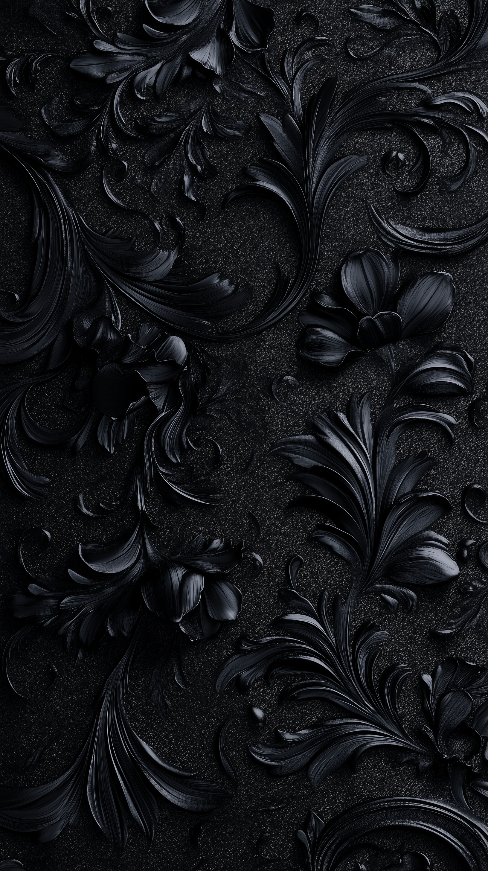 A richly textured black wallpaper featuring elegant floral patterns, with intricate swirls and petals that create a sophisticated, three-dimensional effect.