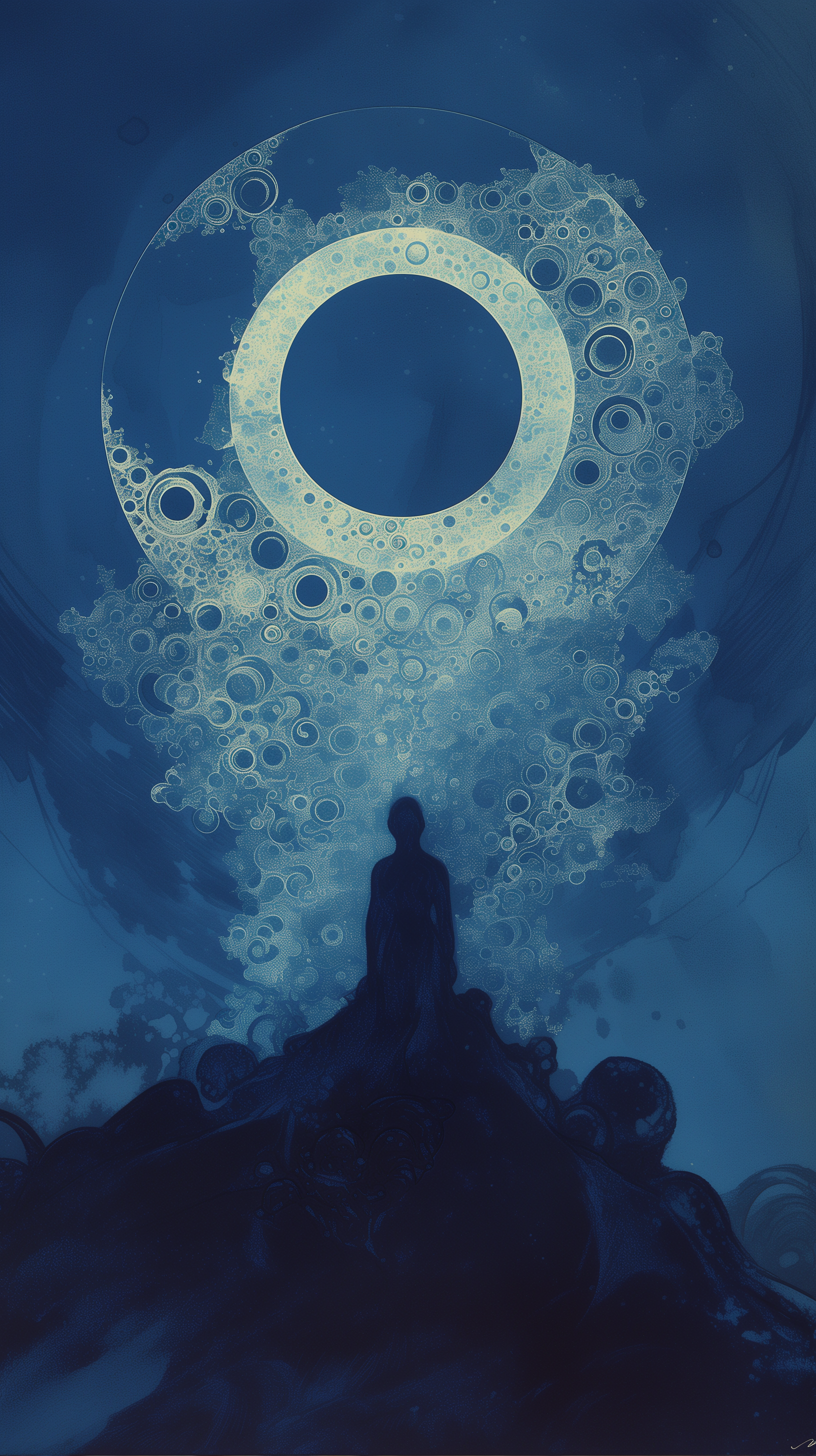 A silhouette of a person stands on a dark rise, surrounded by swirling blue tones and an ethereal circular pattern above, creating a dreamy blue aesthetic.