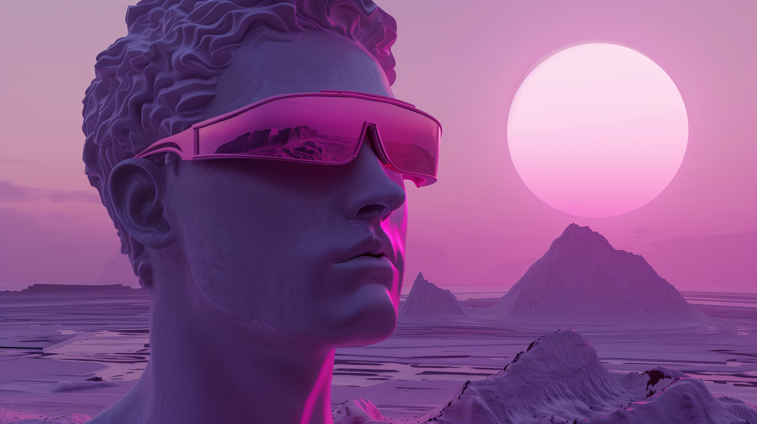 A cool vaporwave-inspired HD desktop wallpaper featuring a statue wearing sunglasses against a surreal pink and purple landscape with a setting sun.