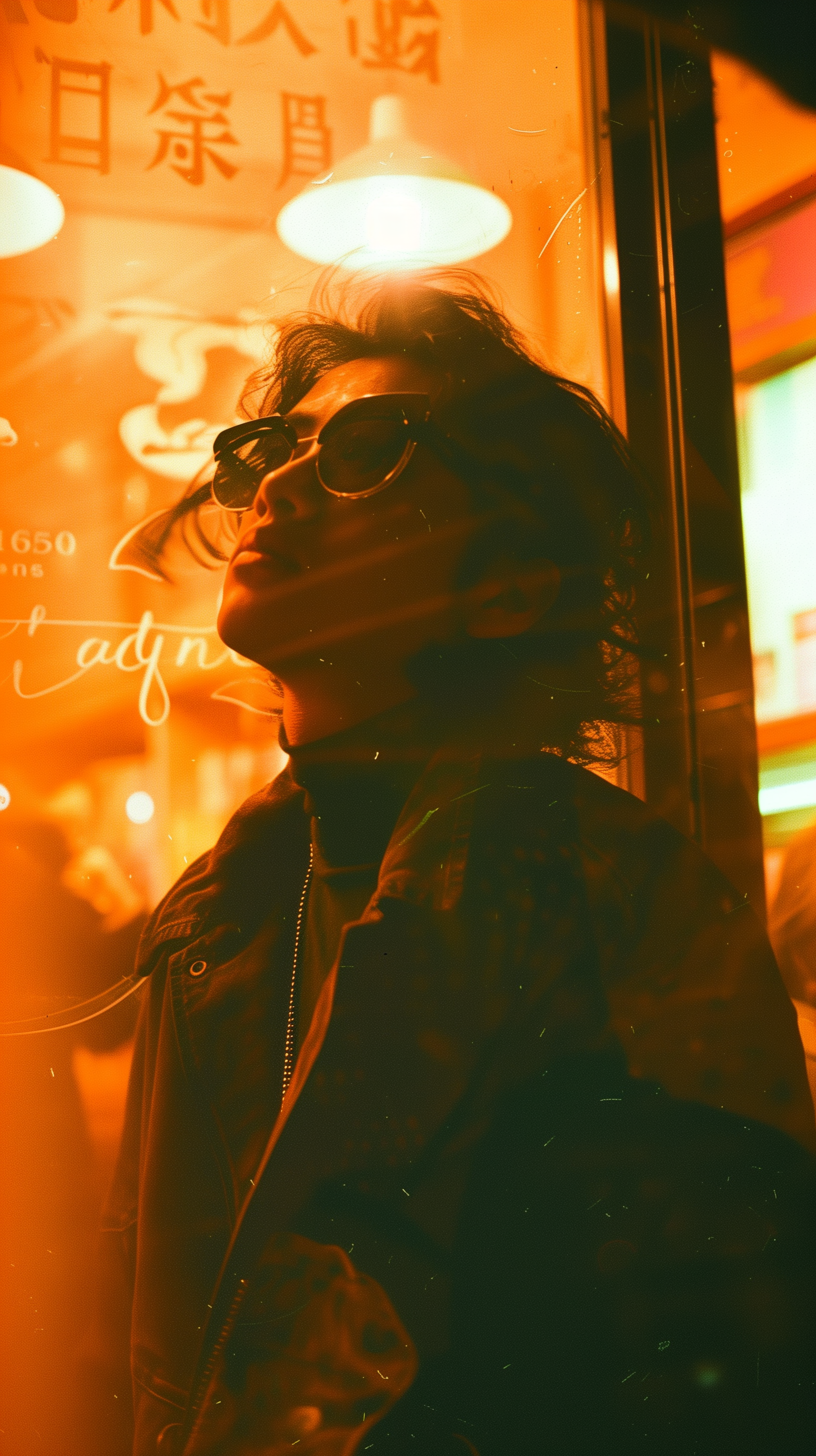 Aesthetic image of a woman enjoying a moment, wearing sunglasses, against a backdrop of warm orange light, creating a cool, stylish vibe.