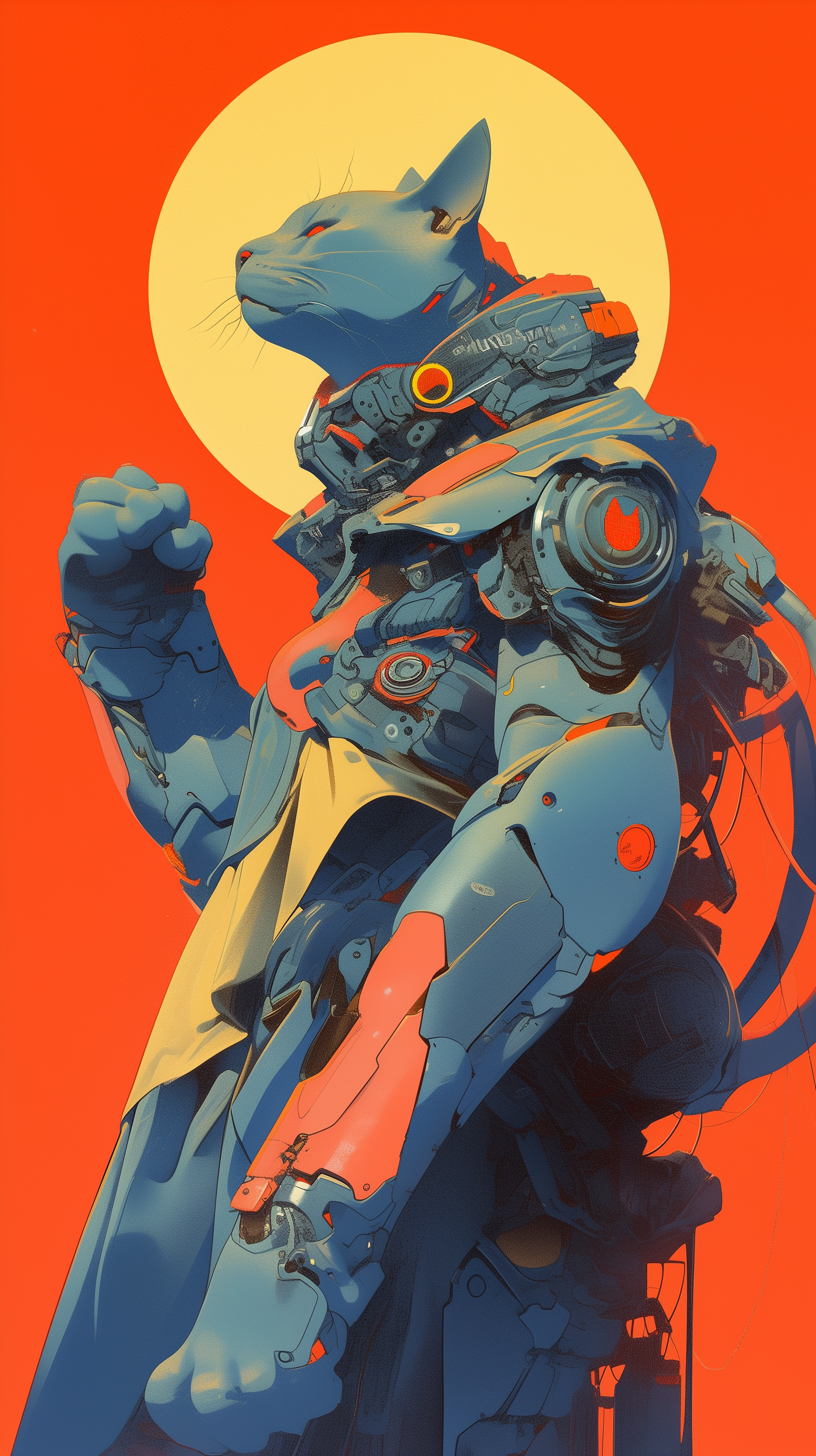 HD Phone Wallpaper featuring a cybernetic cat against a vibrant red background with a yellow sun halo.