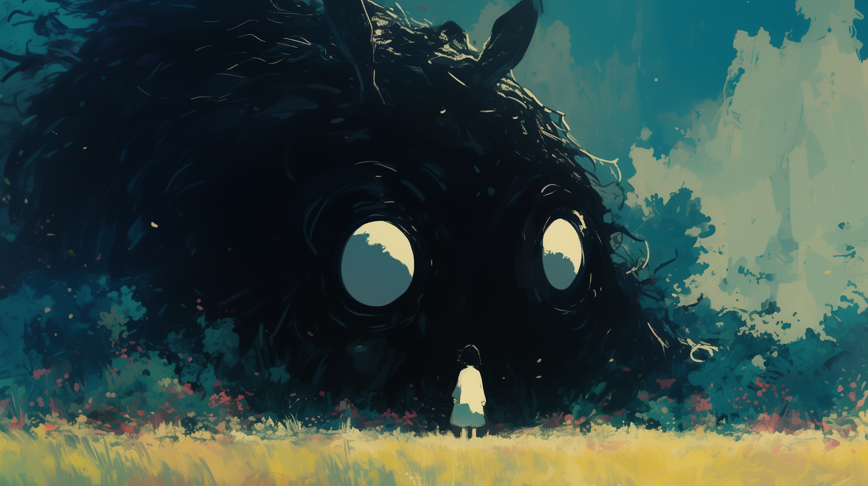 A surreal anime scene featuring a small figure facing a massive, dark monster with glowing white eyes, set against a vibrant and mysterious forest background.