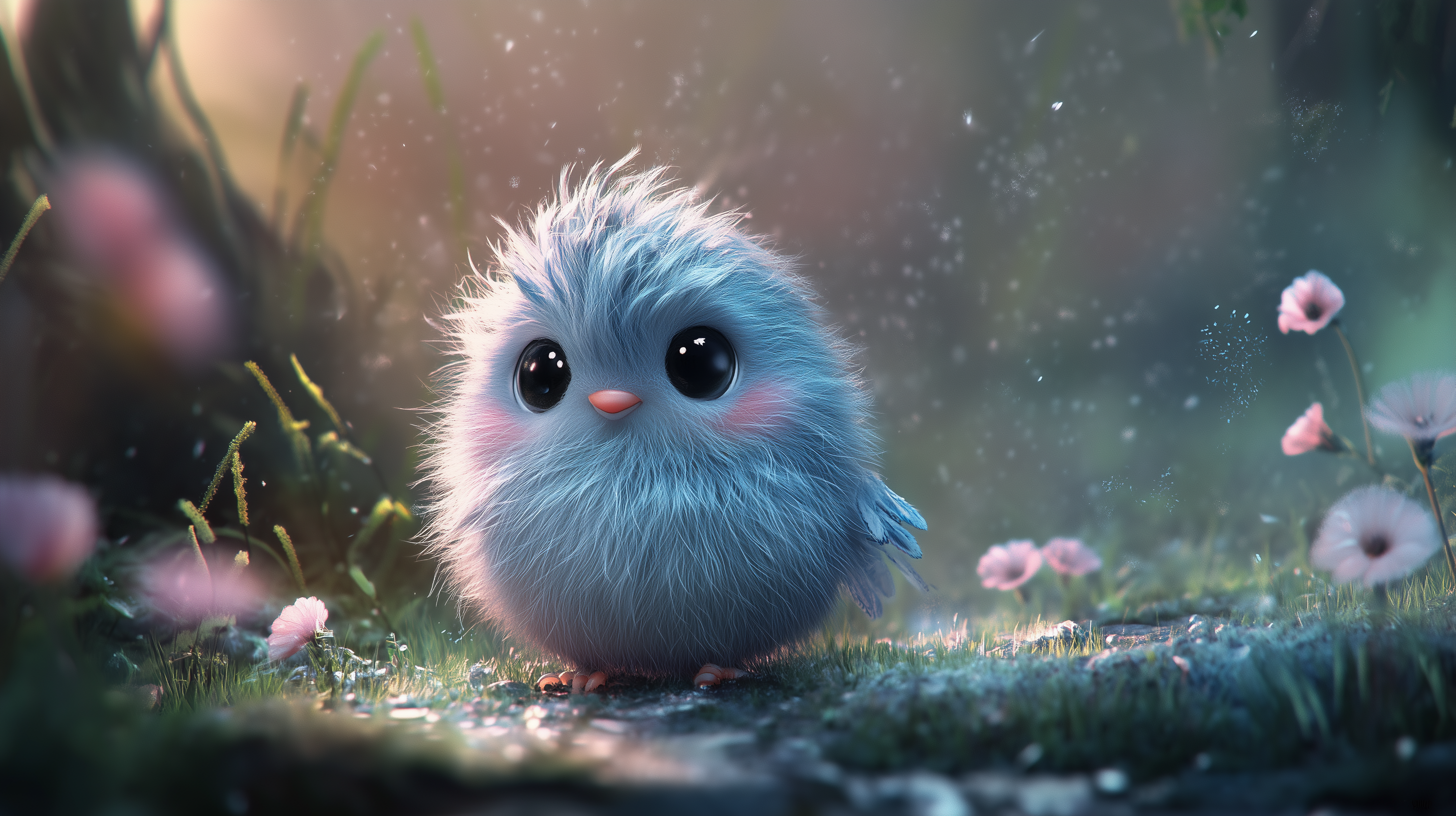 A cute, fluffy blue bird with large, expressive eyes stands on a leafy ground surrounded by delicate pink flowers, under a soft, dreamy light in a magical forest setting.