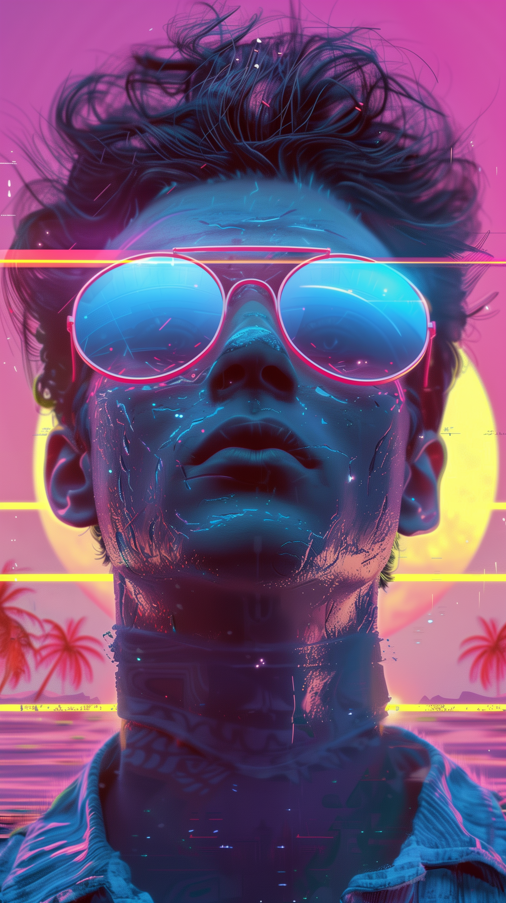 A man wearing stylish sunglasses gazes upward against a vibrant retrowave backdrop of pink and yellow, with palm trees silhouetted in the scene.