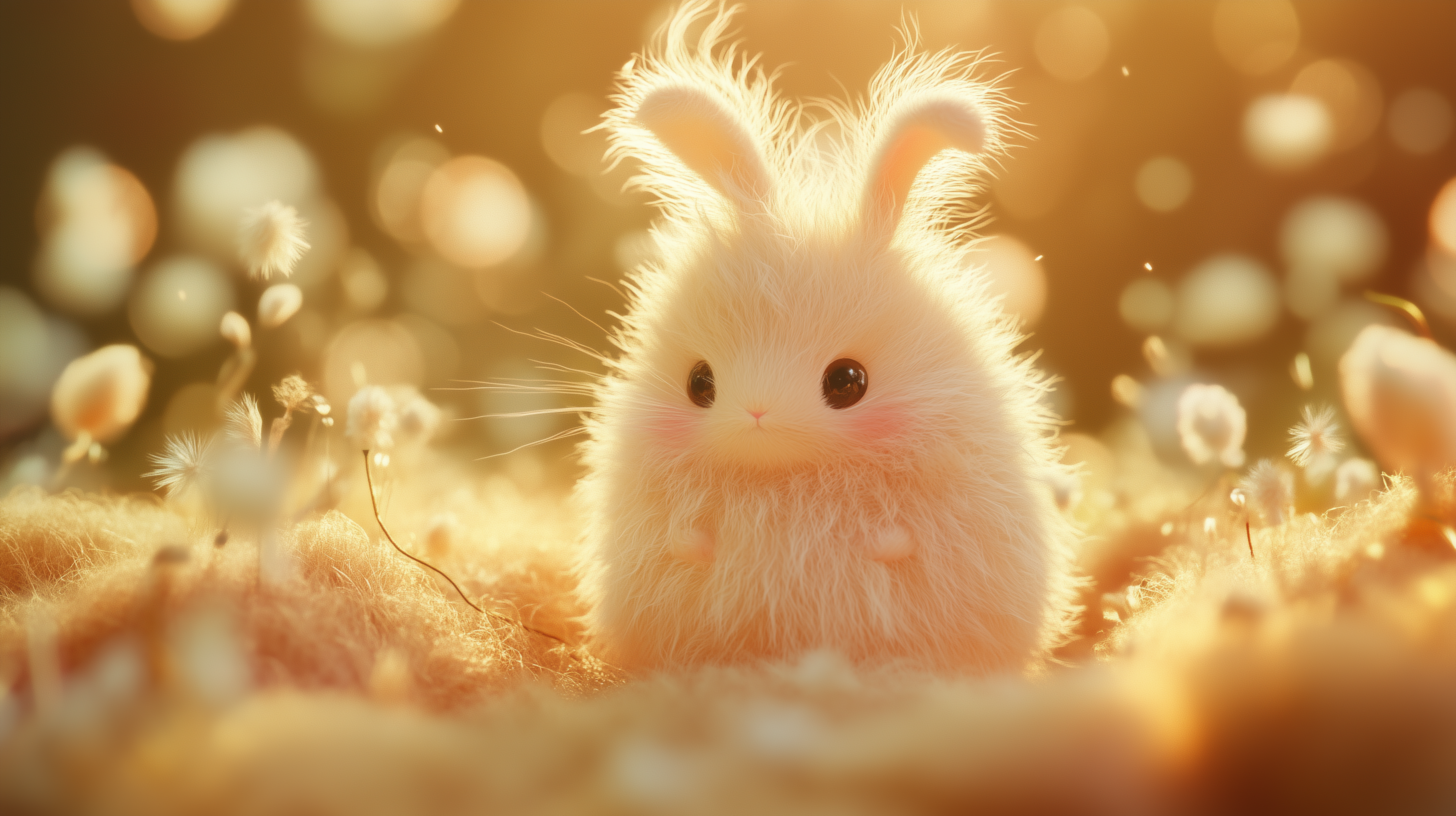 A cute, fluffy bunny with large eyes and long ears sits in a soft, flower-filled field, illuminated by warm, golden sunlight. The scene conveys a serene, whimsical atmosphere.