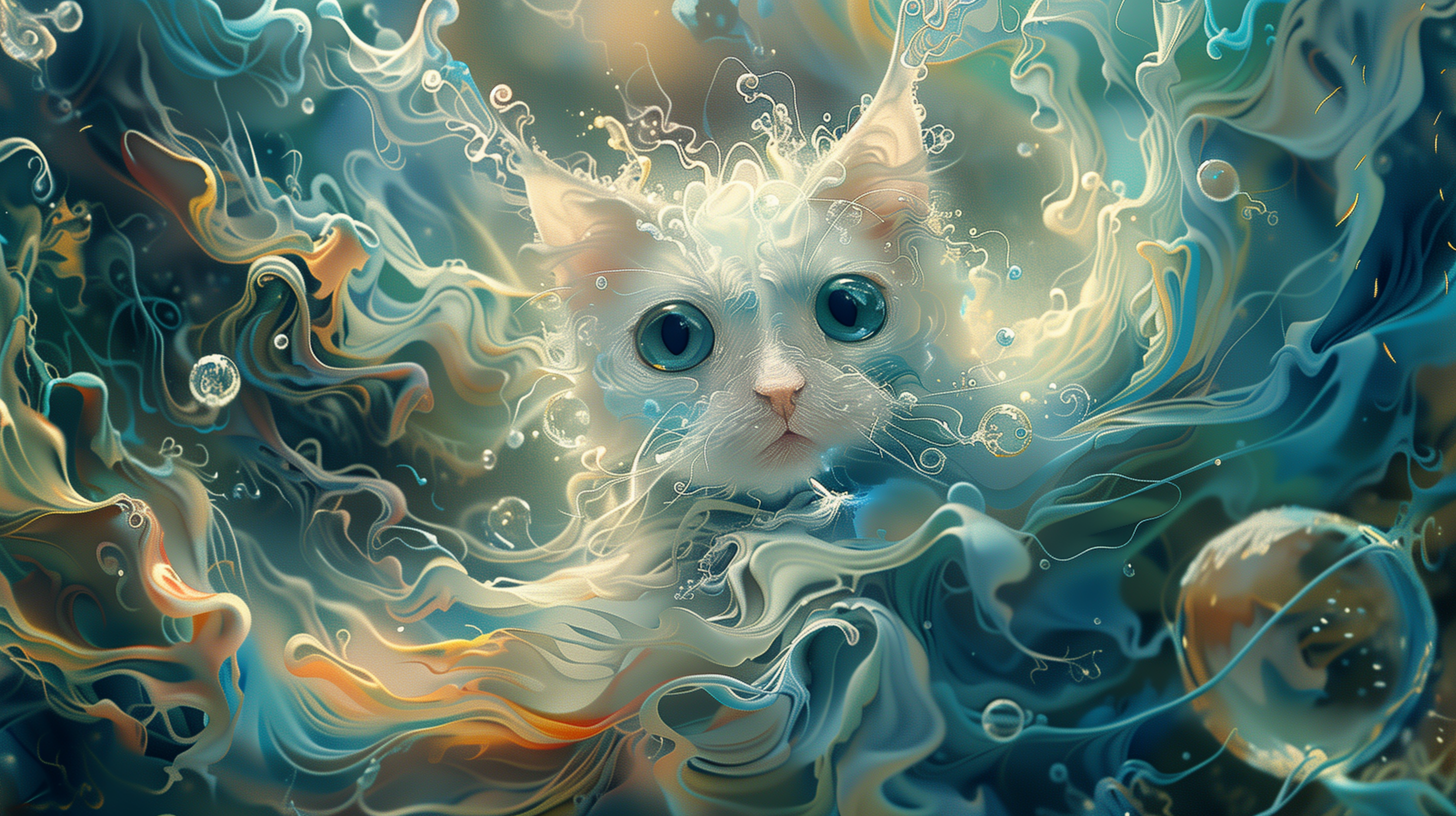 A stunning HD desktop wallpaper featuring a cat surrounded by fluid, swirling water patterns, creating an ethereal and dreamy underwater scene.