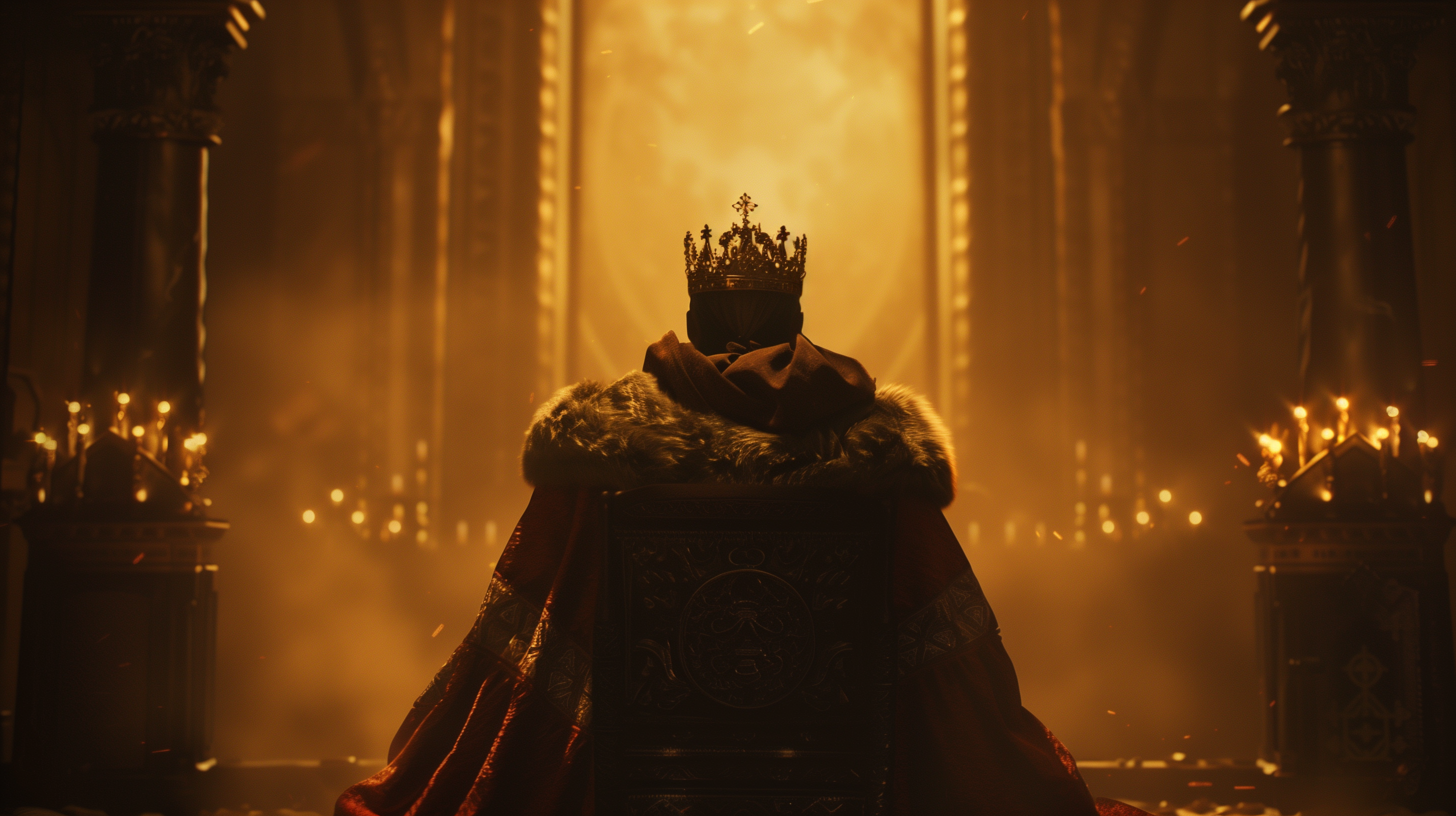 A majestic king with a crown sits on a grand throne in a dimly lit, opulent chamber, surrounded by illuminated candles.