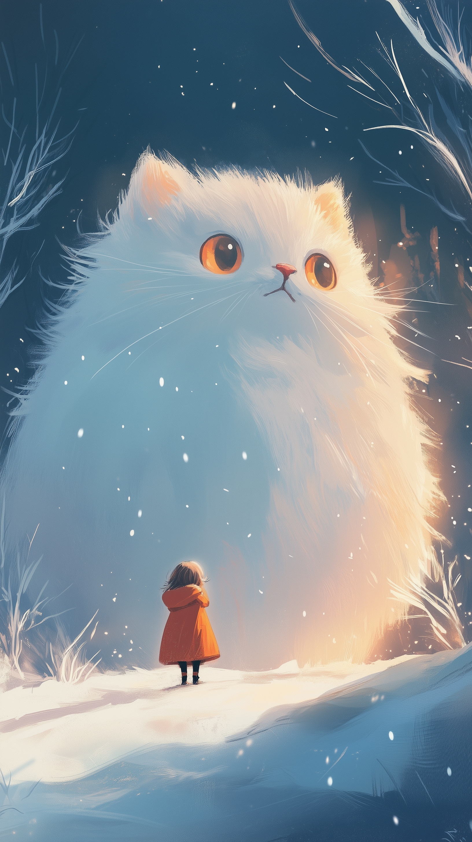 A girl in a red coat stands in a snowy landscape, gazing up at an enormous, fluffy white cat with large eyes, surrounded by gently falling snowflakes.