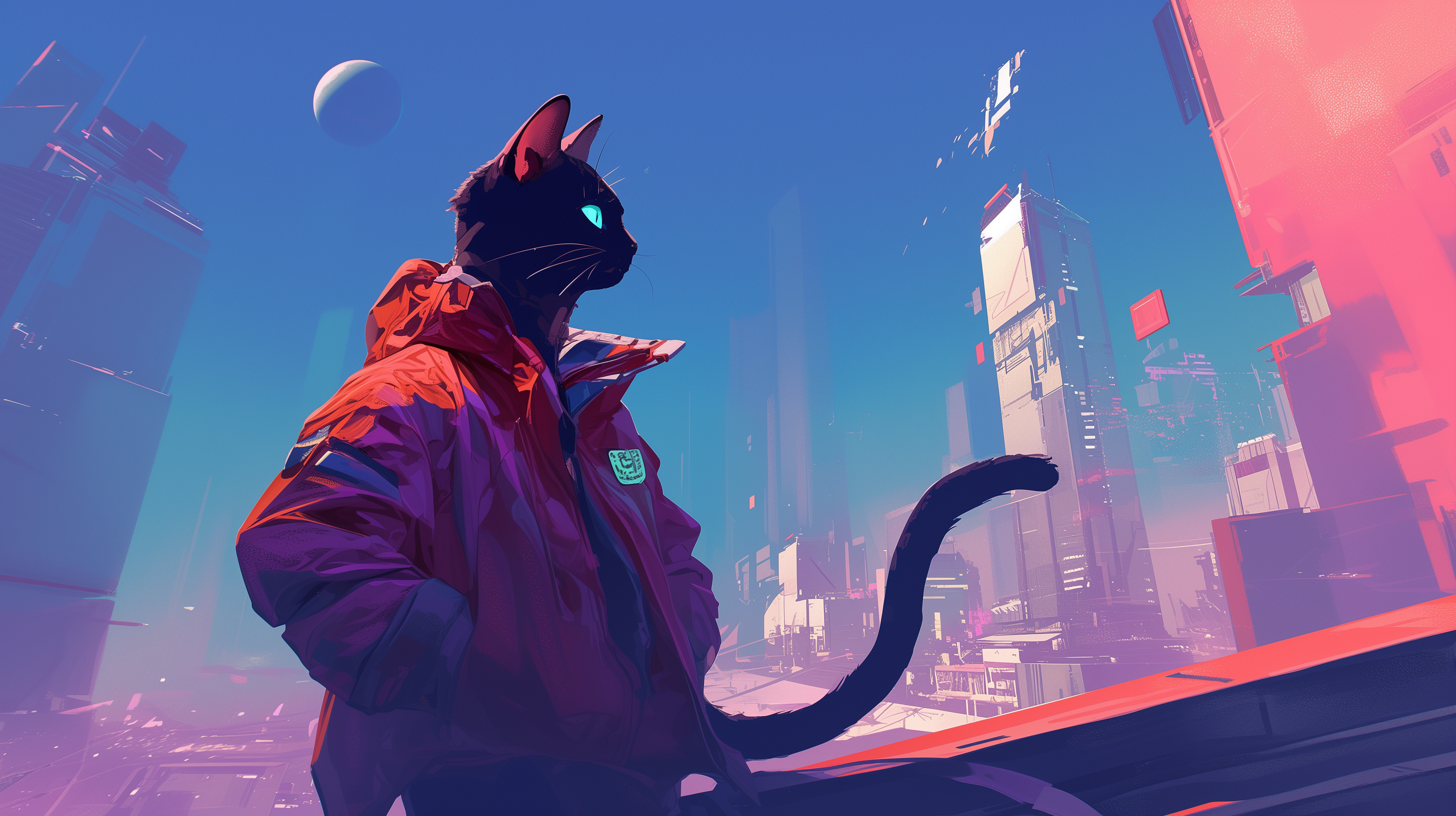 A stunning HD desktop wallpaper featuring an anthropomorphic cat in a red jacket, standing against a futuristic cityscape with vibrant blue and pink tones.