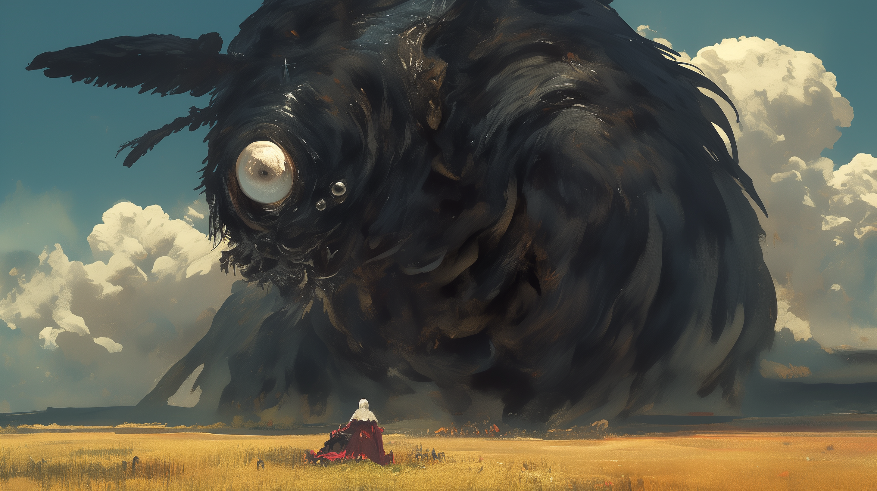 An HD desktop wallpaper featuring an anime scene with a massive, dark, swirling monster towering over a small figure in red, set against a backdrop of clouds and a bright sky.