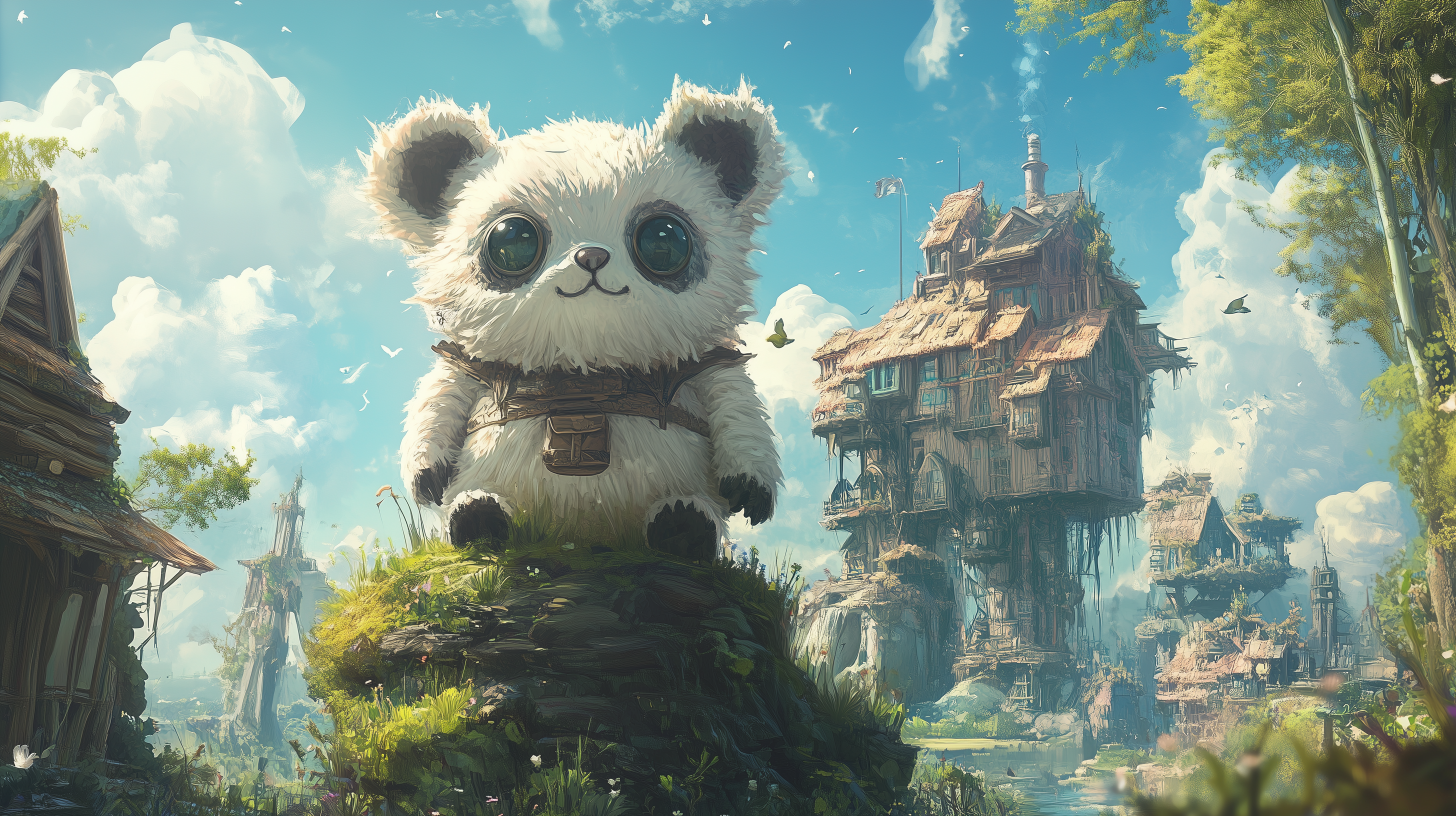 A cute, fluffy panda-like creature stands on a rock, gazing at a whimsical treehouse in a vibrant landscape filled with greenery and blue skies, creating an enchanting atmosphere.