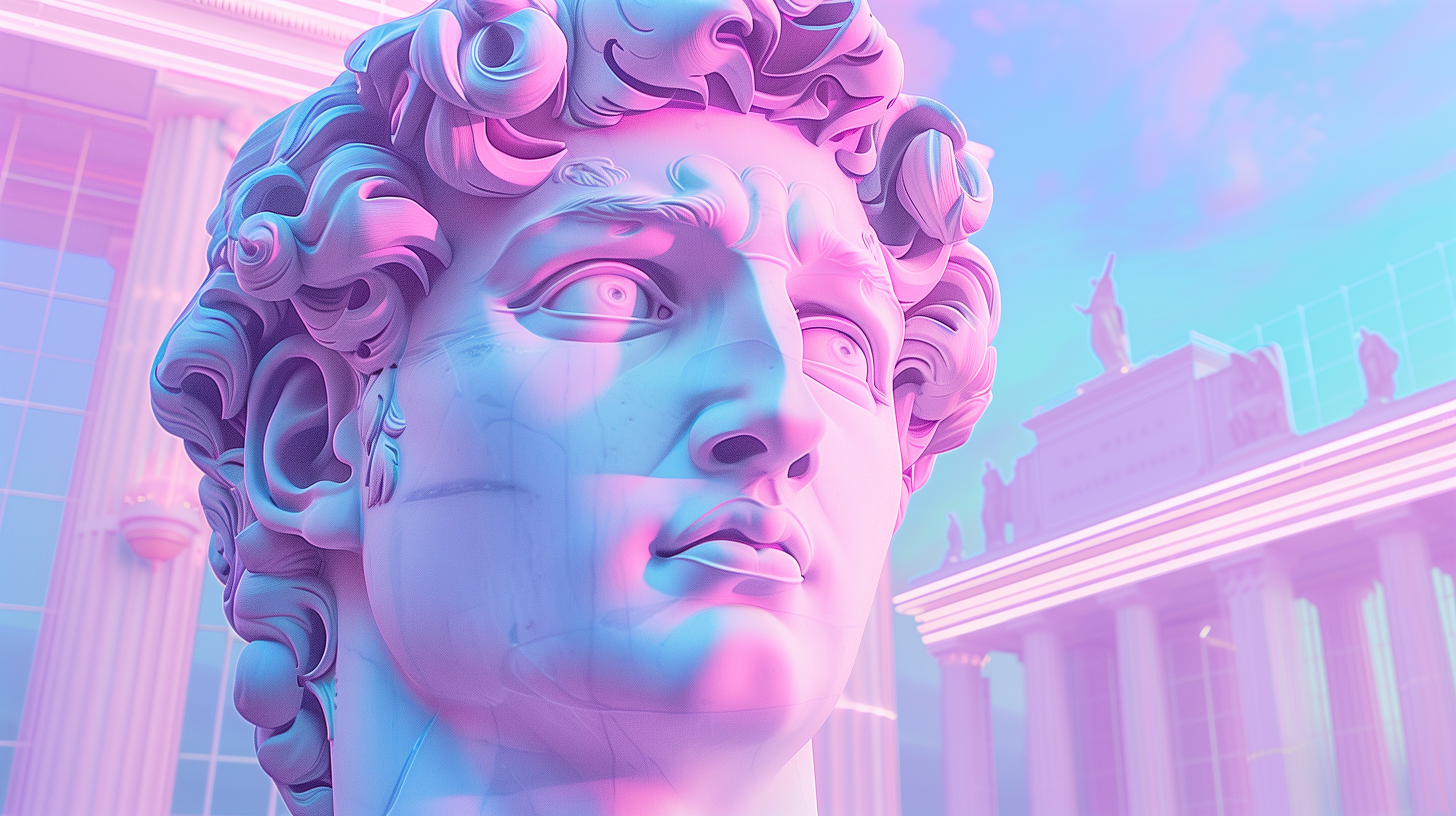 HD desktop wallpaper featuring a statue with a vaporwave aesthetic, showcasing pink and blue hues along with classical architecture in the background.