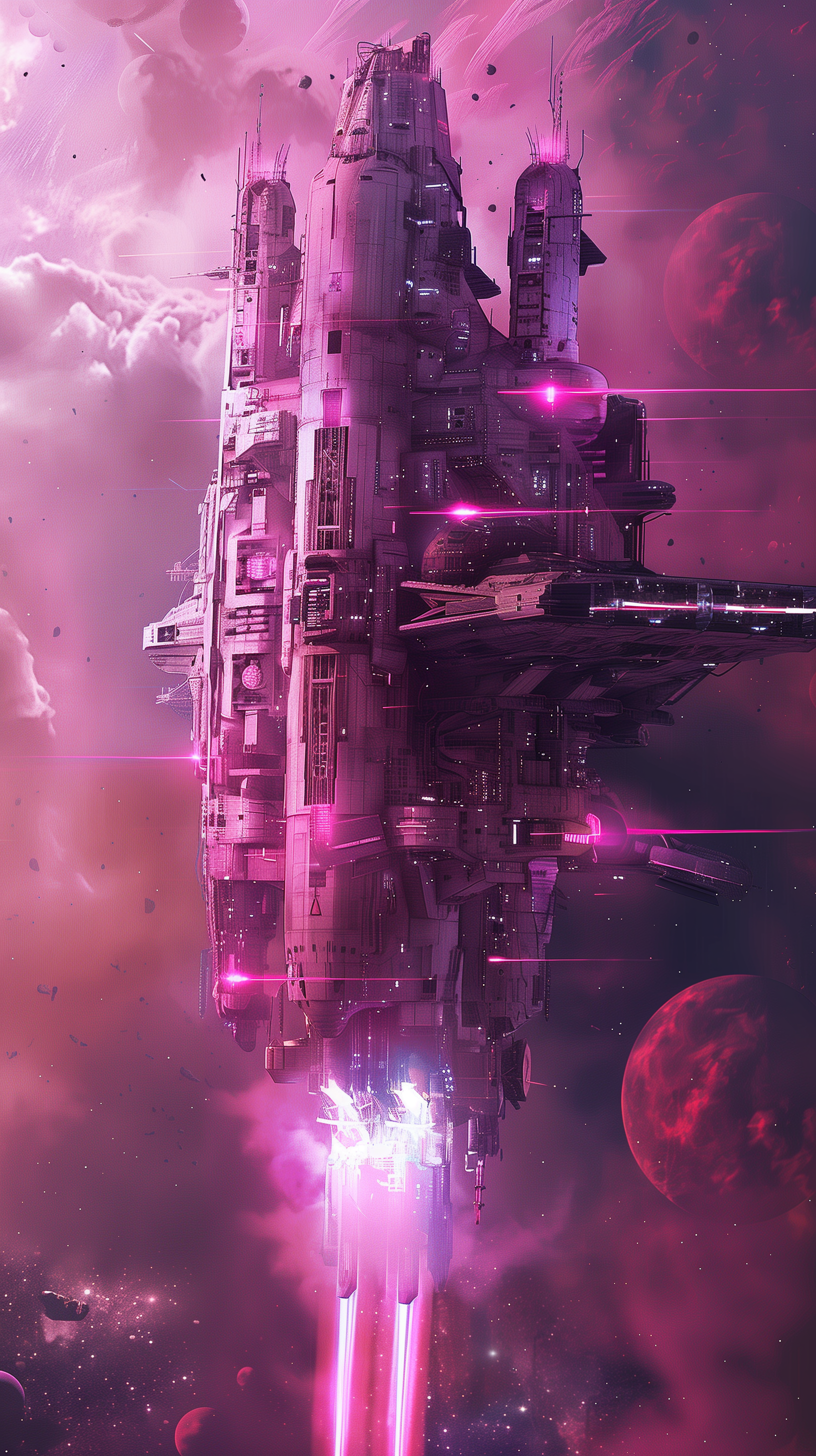 A sci-fi space station with a pink aesthetic hovering in outer space, surrounded by planets and stars, with glowing lights and atmospheric details.