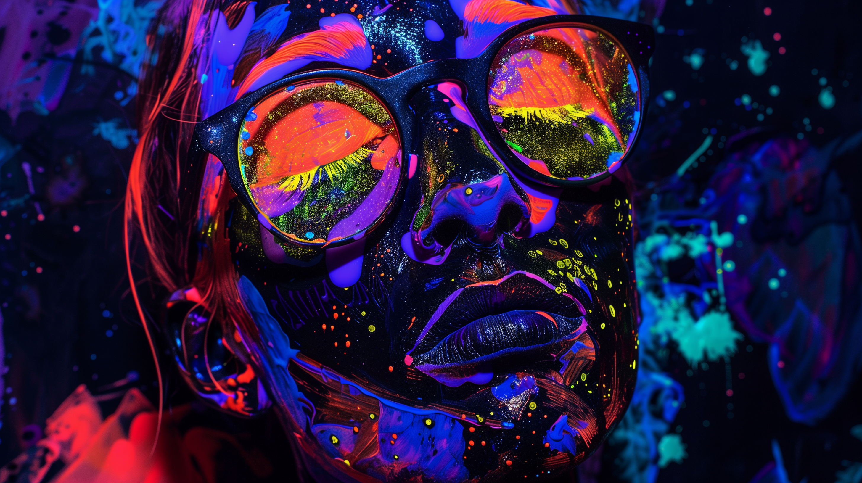 A vibrant portrait of a face painted with glowing colors, wearing stylish glasses that reflect vivid light, creating a cool, mesmerizing effect against a blacklight background.