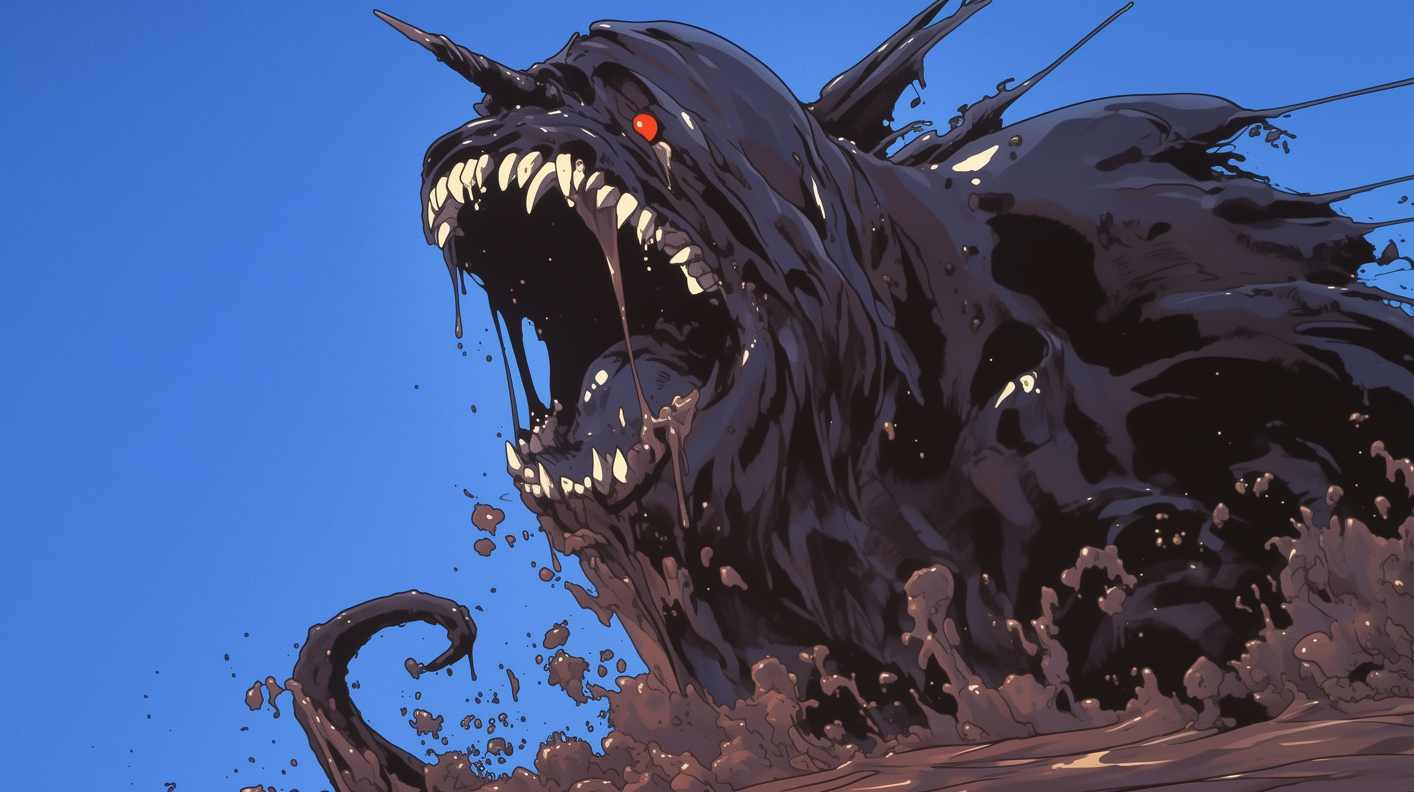 A dramatic anime scene with a fierce monster made of sludge with red eyes and sharp teeth emerging against a clear blue sky.