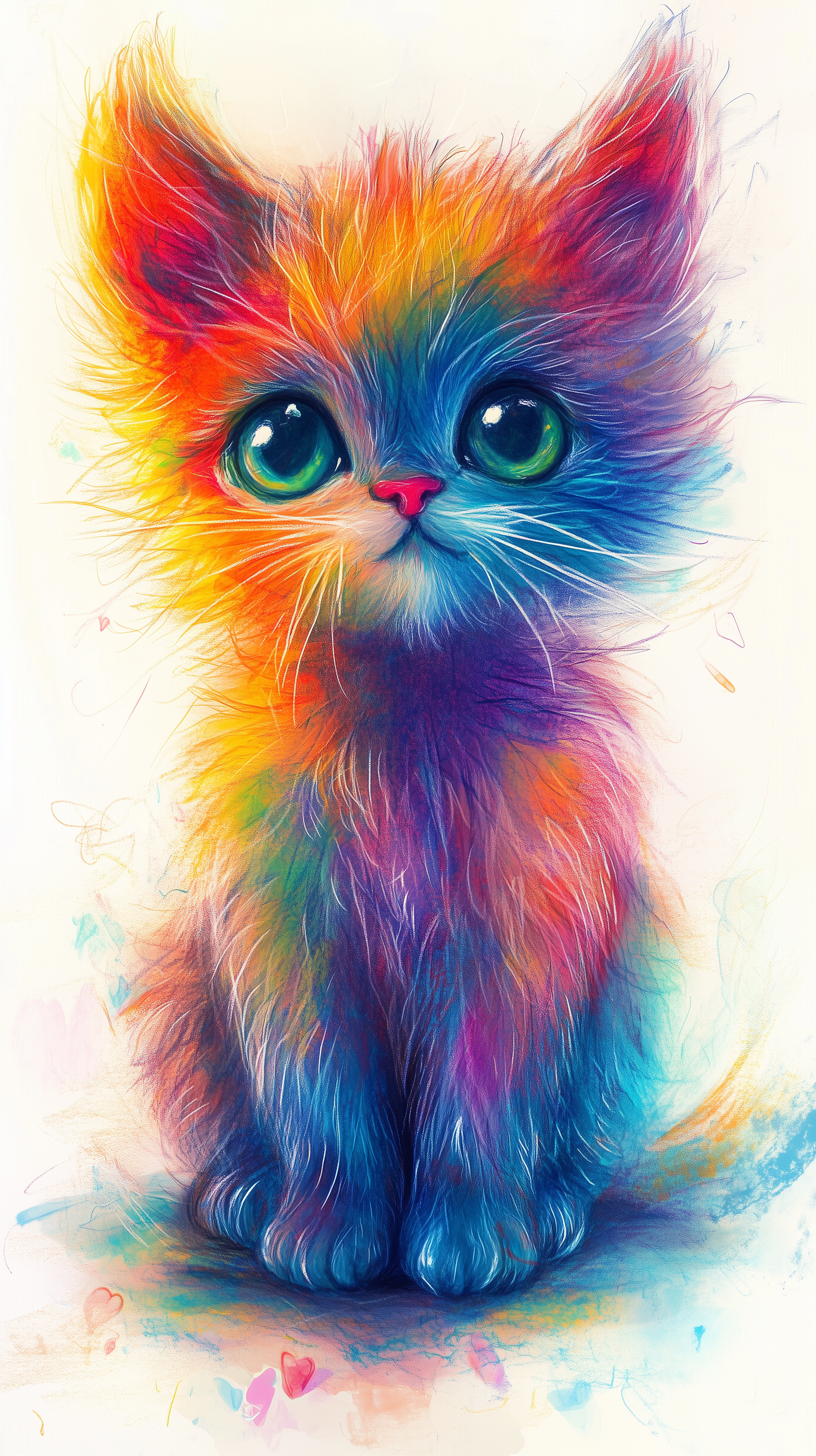 A cute, colorful cat with vibrant fur and large green eyes sits adorably against a soft background, making for a cheerful iPhone wallpaper.