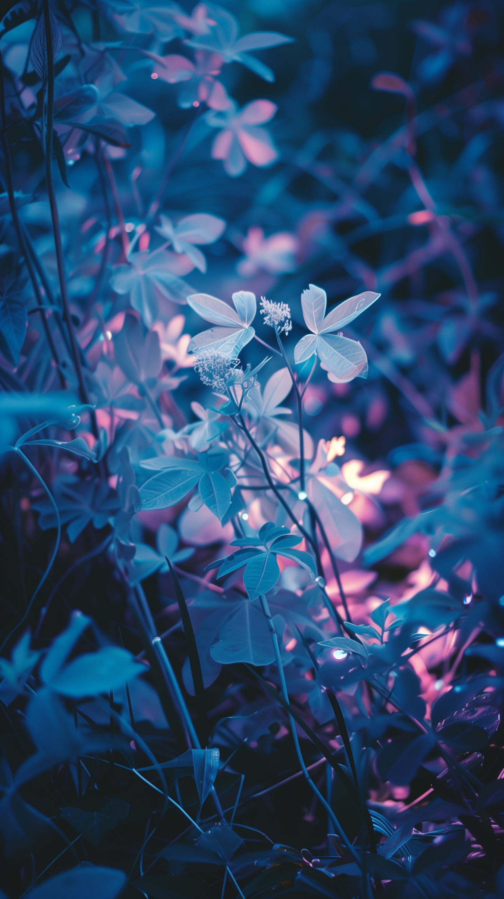 A stunning iPhone wallpaper featuring a close-up of delicate flowers and foliage in vibrant blue and purple hues, capturing the beauty of nature.