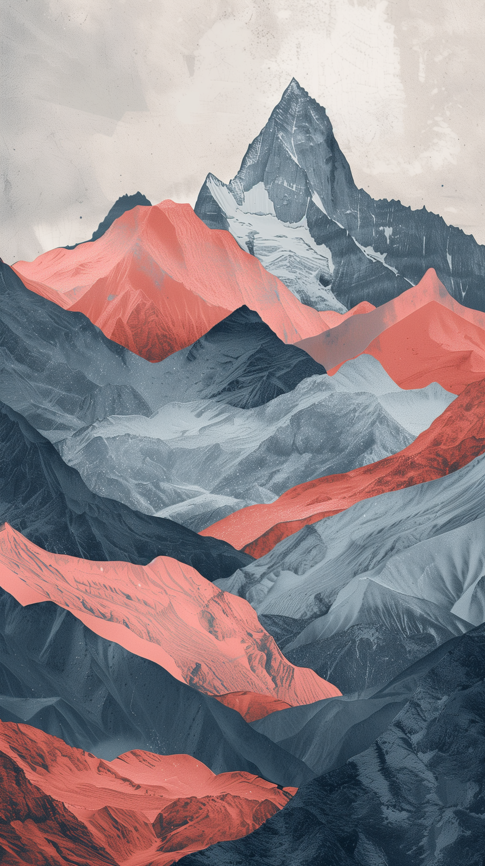 A stunning HD iPhone wallpaper featuring a vibrant mountain range with dramatic peaks in shades of red, gray, and blue, set against a textured background.