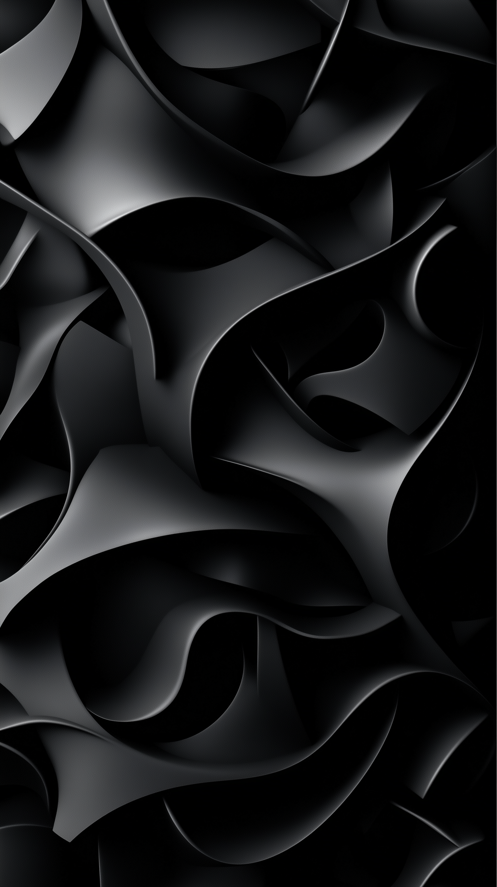 Abstract black wallpaper featuring swirling patterns and smooth curves, creating a dynamic and textured design suitable for mobile devices.