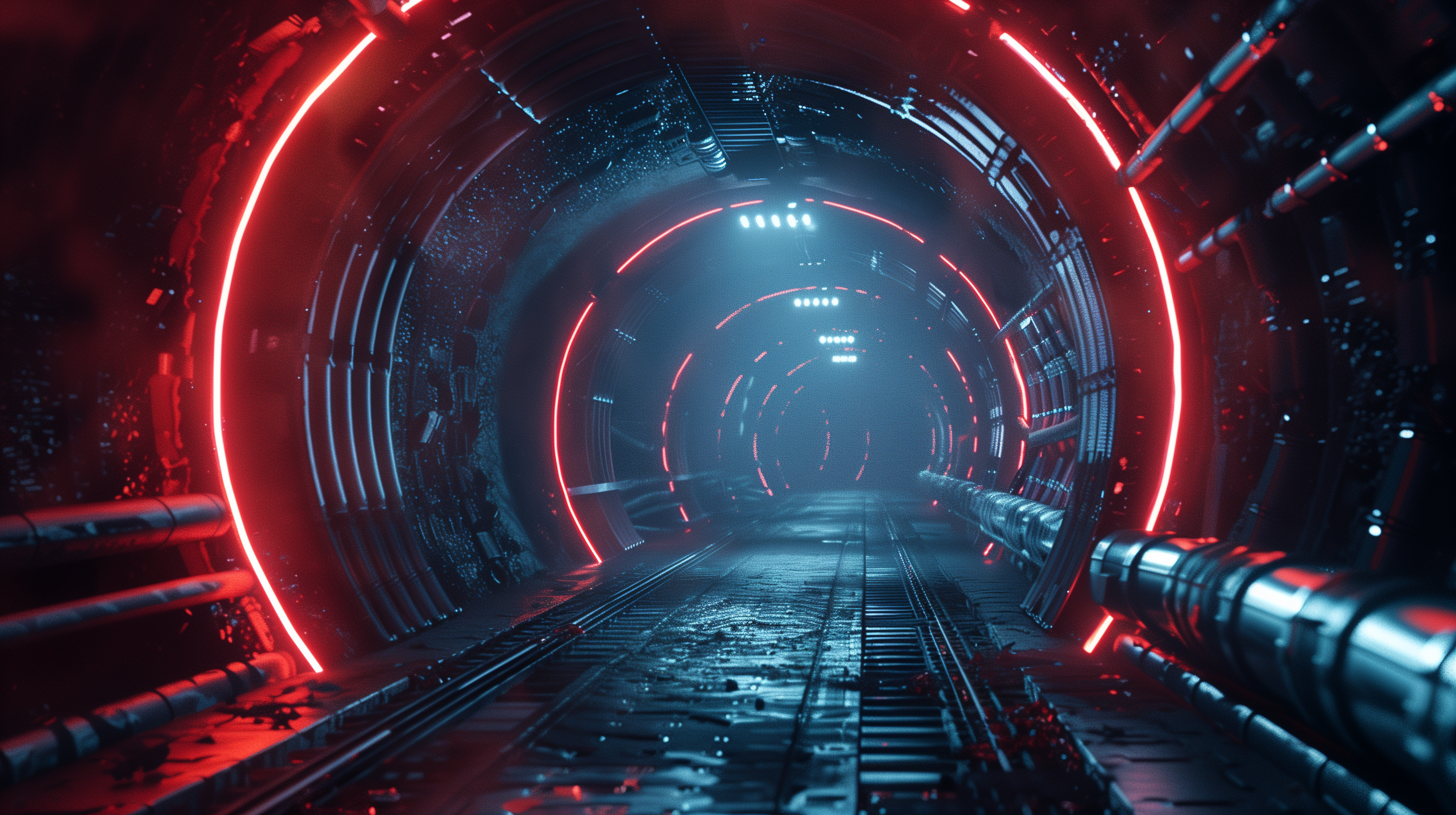 A futuristic tunnel with red neon lights illuminating a wet, metallic path. This HD desktop wallpaper exudes a cyberpunk atmosphere.