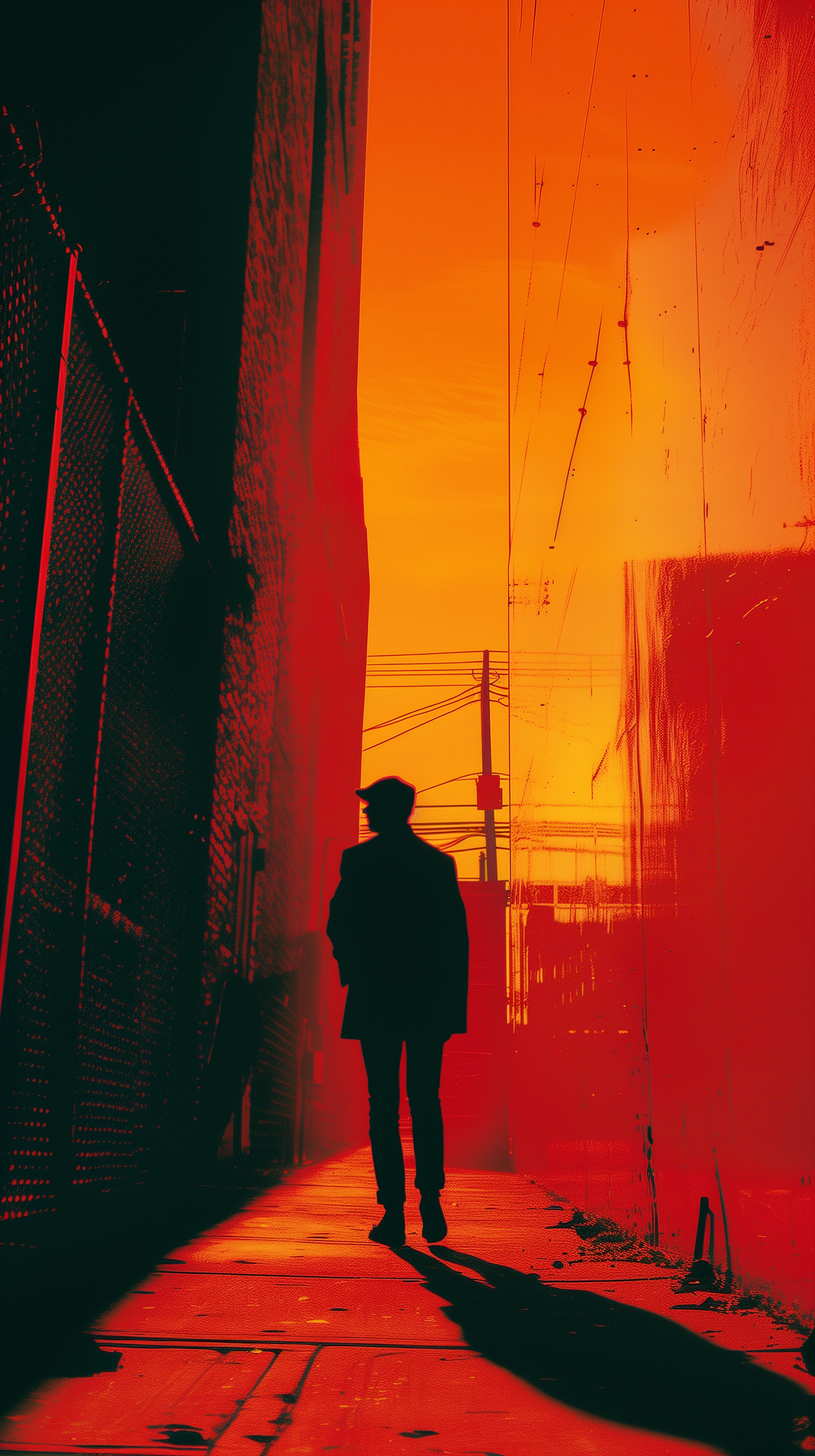 A silhouetted figure walks through a narrow alley, illuminated by vibrant orange hues, creating a cool, aesthetic scene suitable for an HD phone wallpaper.