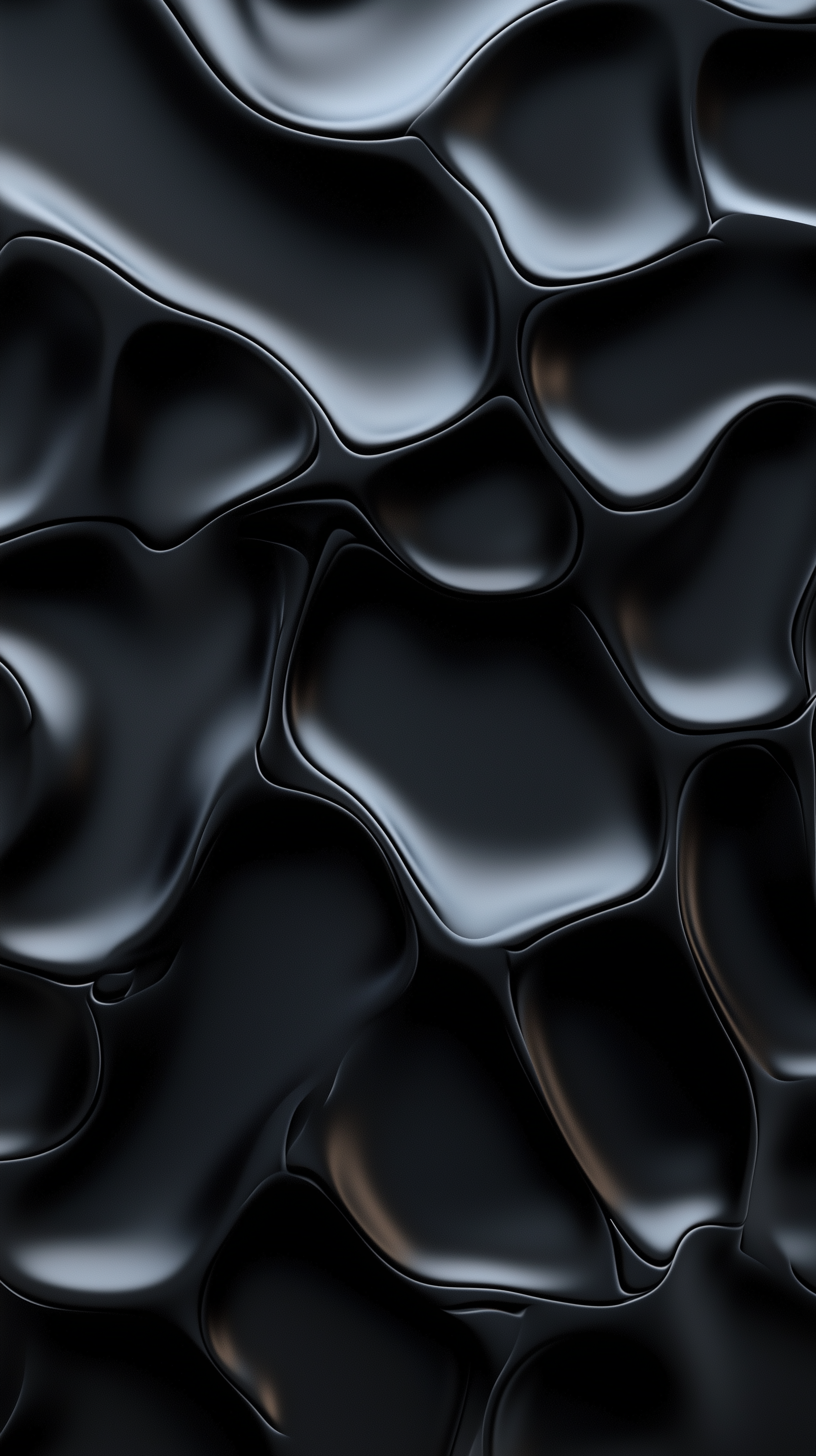 A smooth, flowing black pattern with varied shapes and glossy textures, creating a dynamic, sleek background suitable for an HD phone wallpaper.