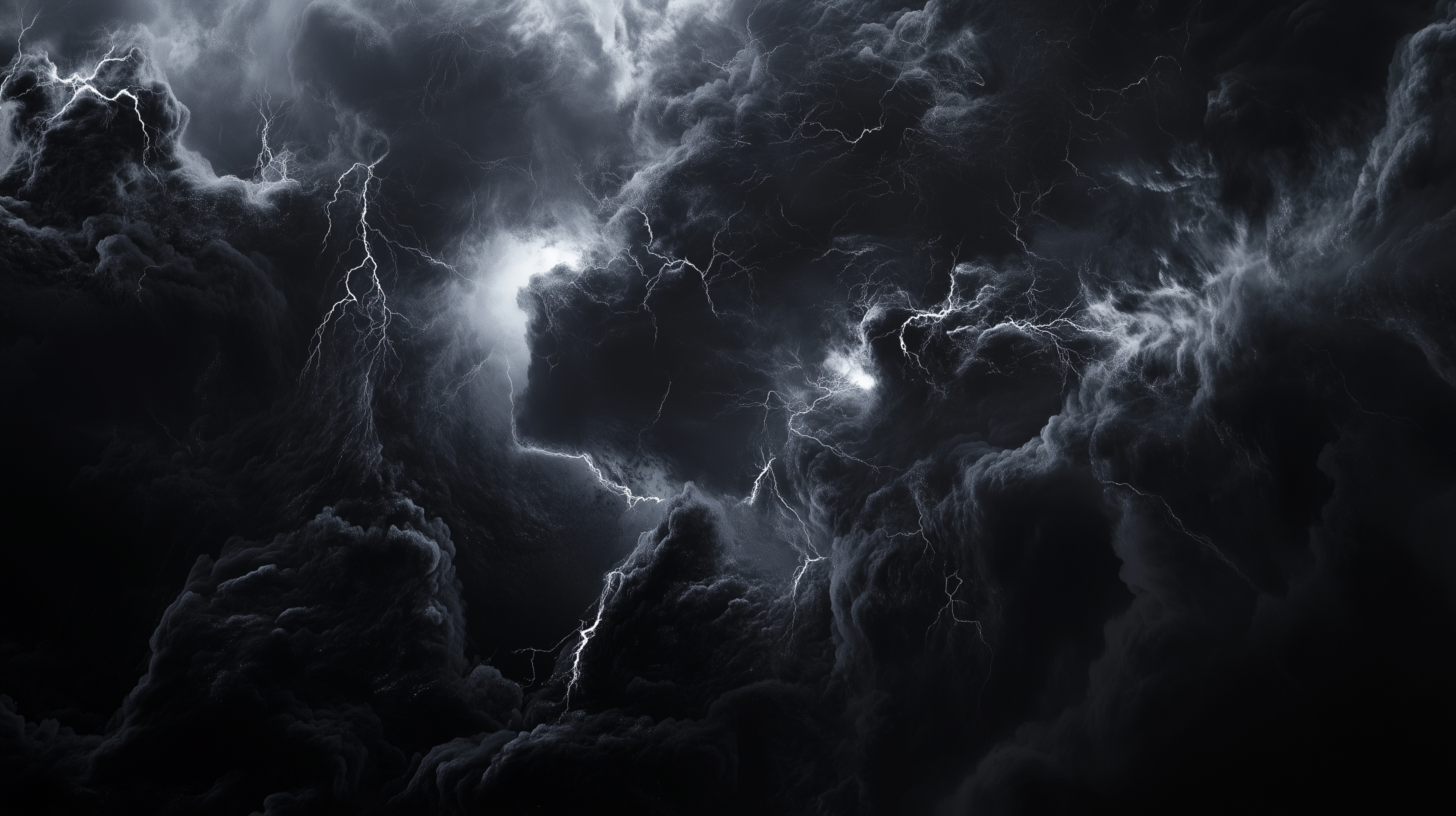 Dark, stormy sky filled with swirling clouds and bright flashes of lightning, creating a dramatic and intense atmosphere. Perfect as an HD desktop wallpaper.