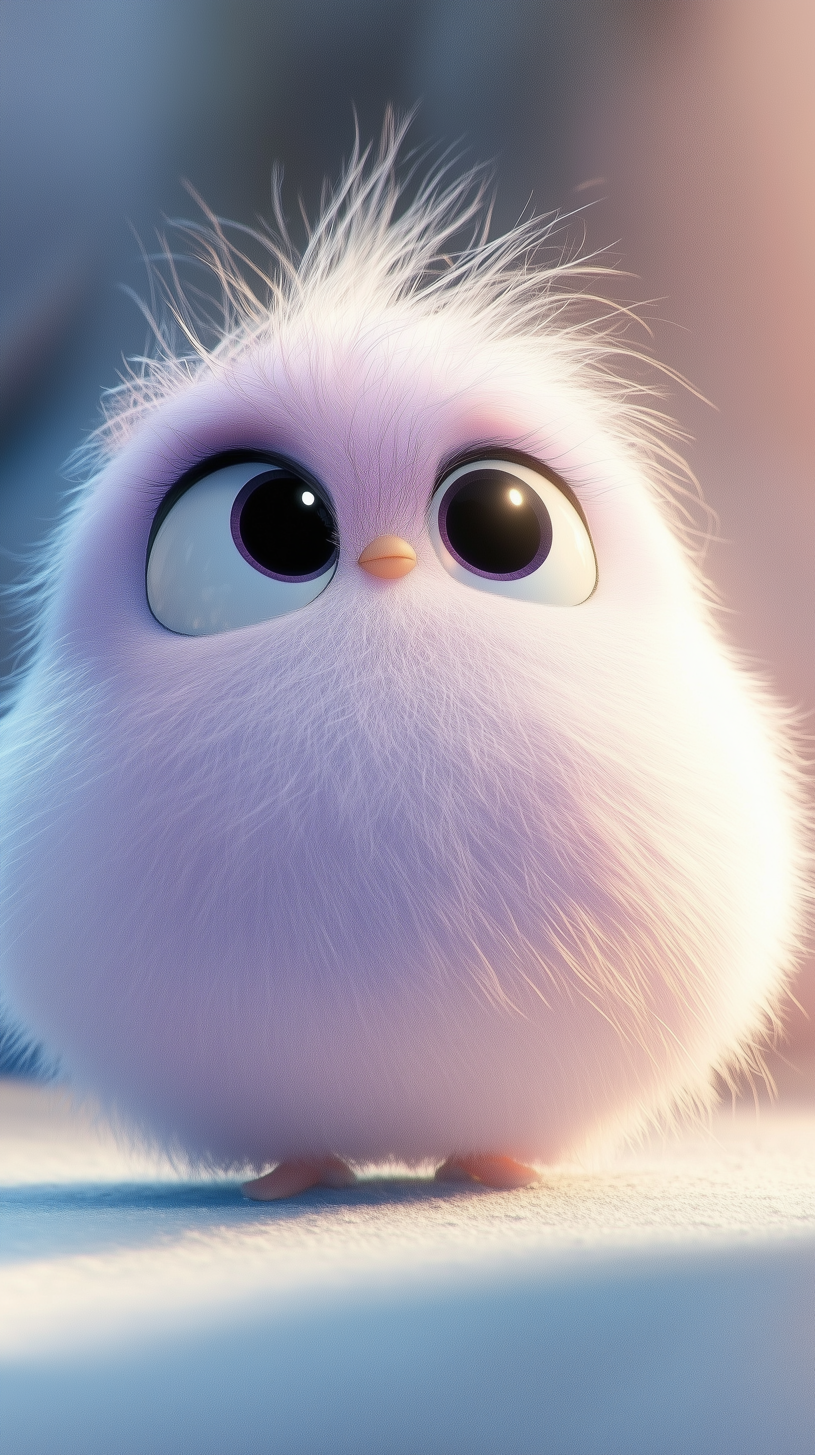 A cute, fluffy pink bird with large, expressive eyes stands on a surface, illuminated softly, creating an adorable and whimsical atmosphere. This HD phone wallpaper captures its charm beautifully.