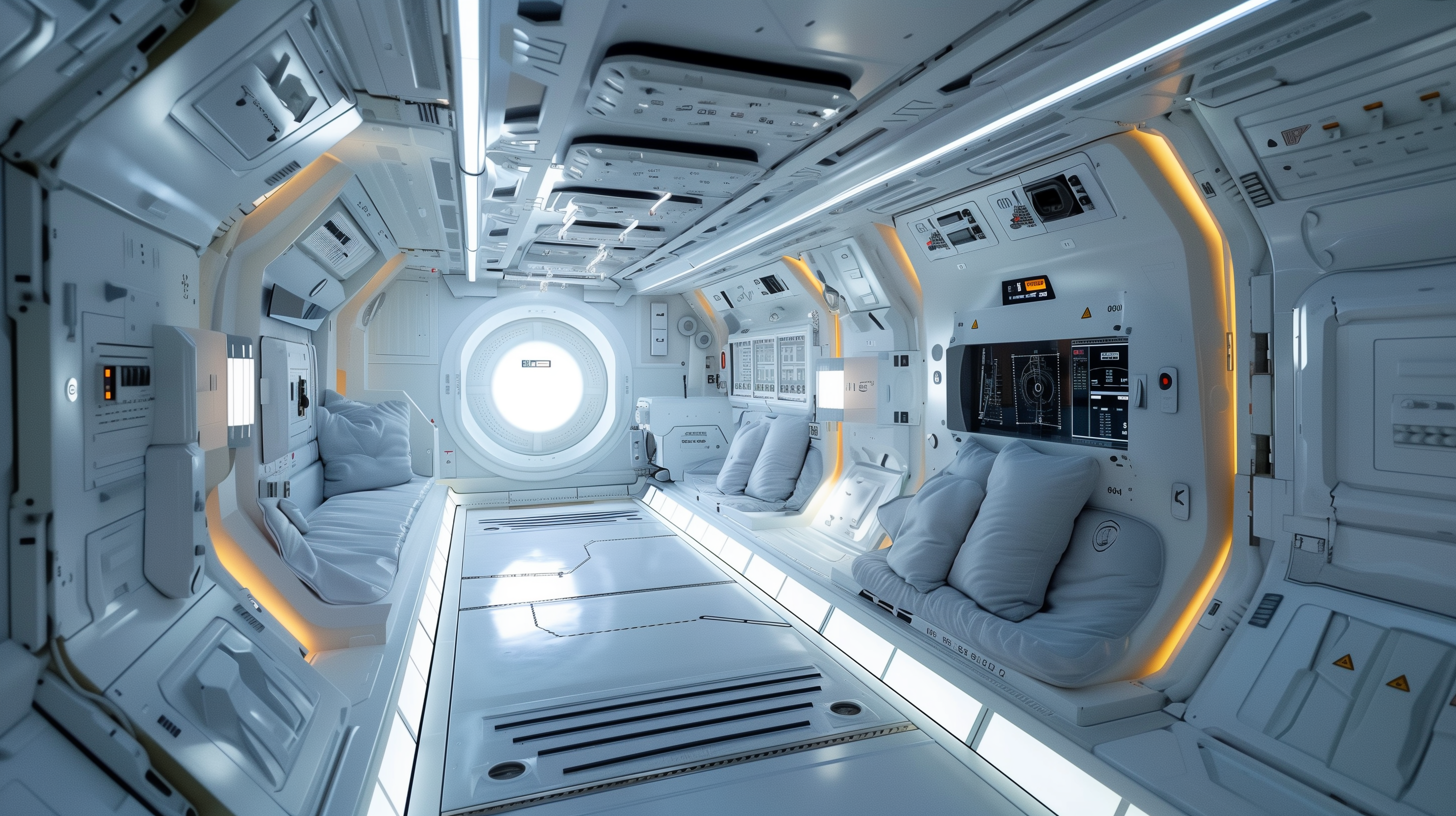 A high-definition desktop wallpaper featuring the interior of a futuristic sci-fi space station, with sleek design, cushioned seats, control panels, and soft ambient lighting.