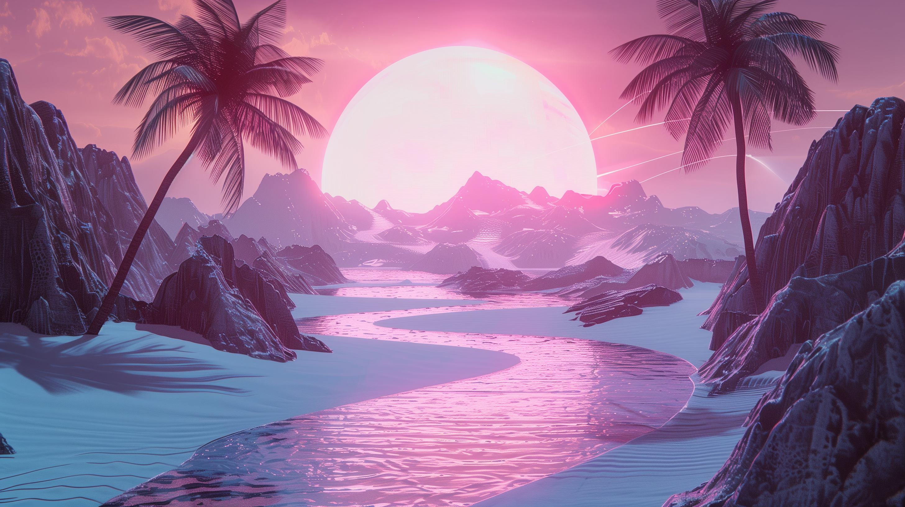 A vaporwave-inspired HD desktop wallpaper featuring a surreal river flowing through a landscape with palm trees and a dramatic sunset, creating a dreamy, retro-futuristic scene.