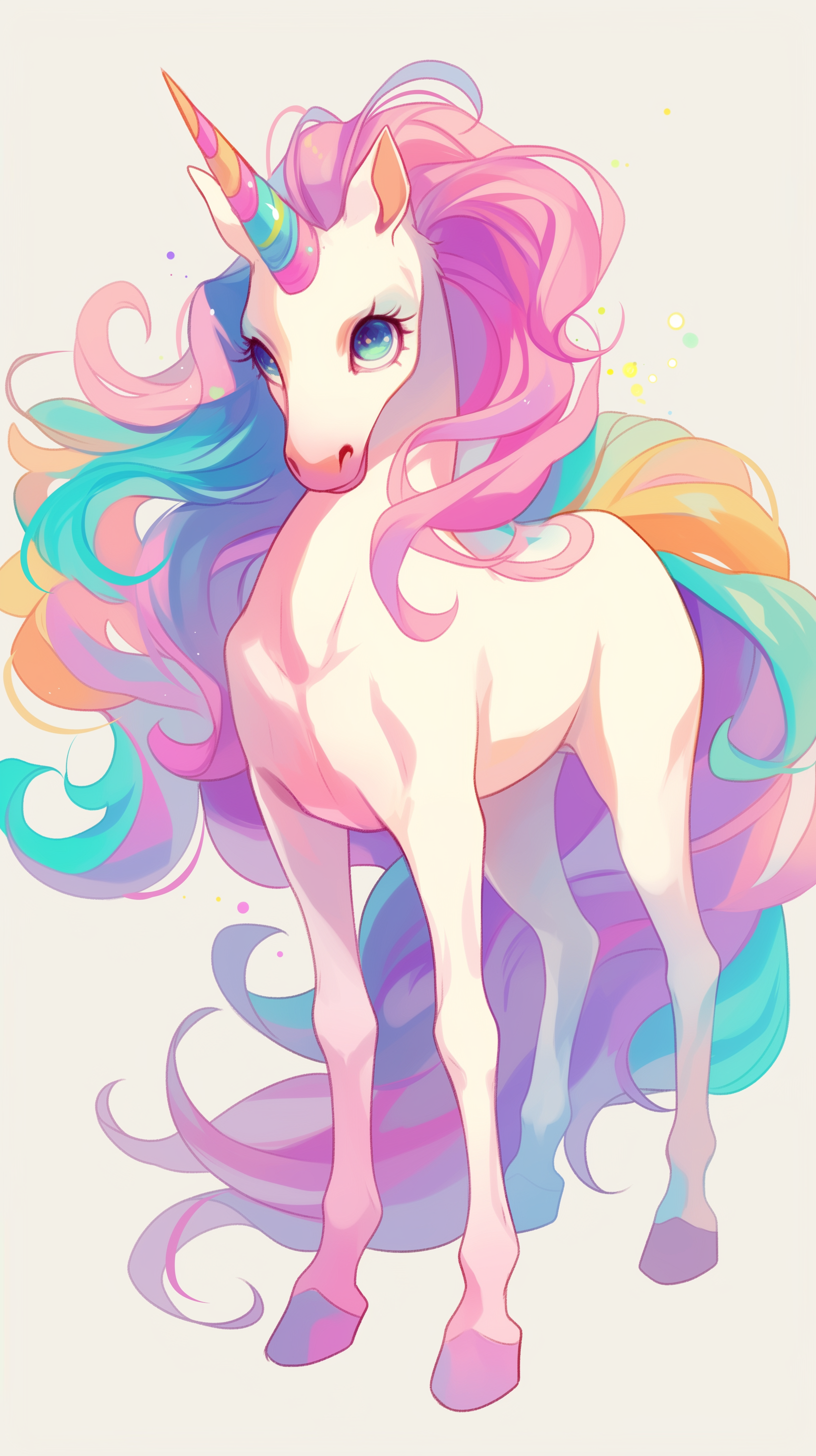 A cute unicorn with a colorful mane and tail stands against a plain background. This HD iPhone wallpaper features vibrant shades of pink, blue, and yellow.