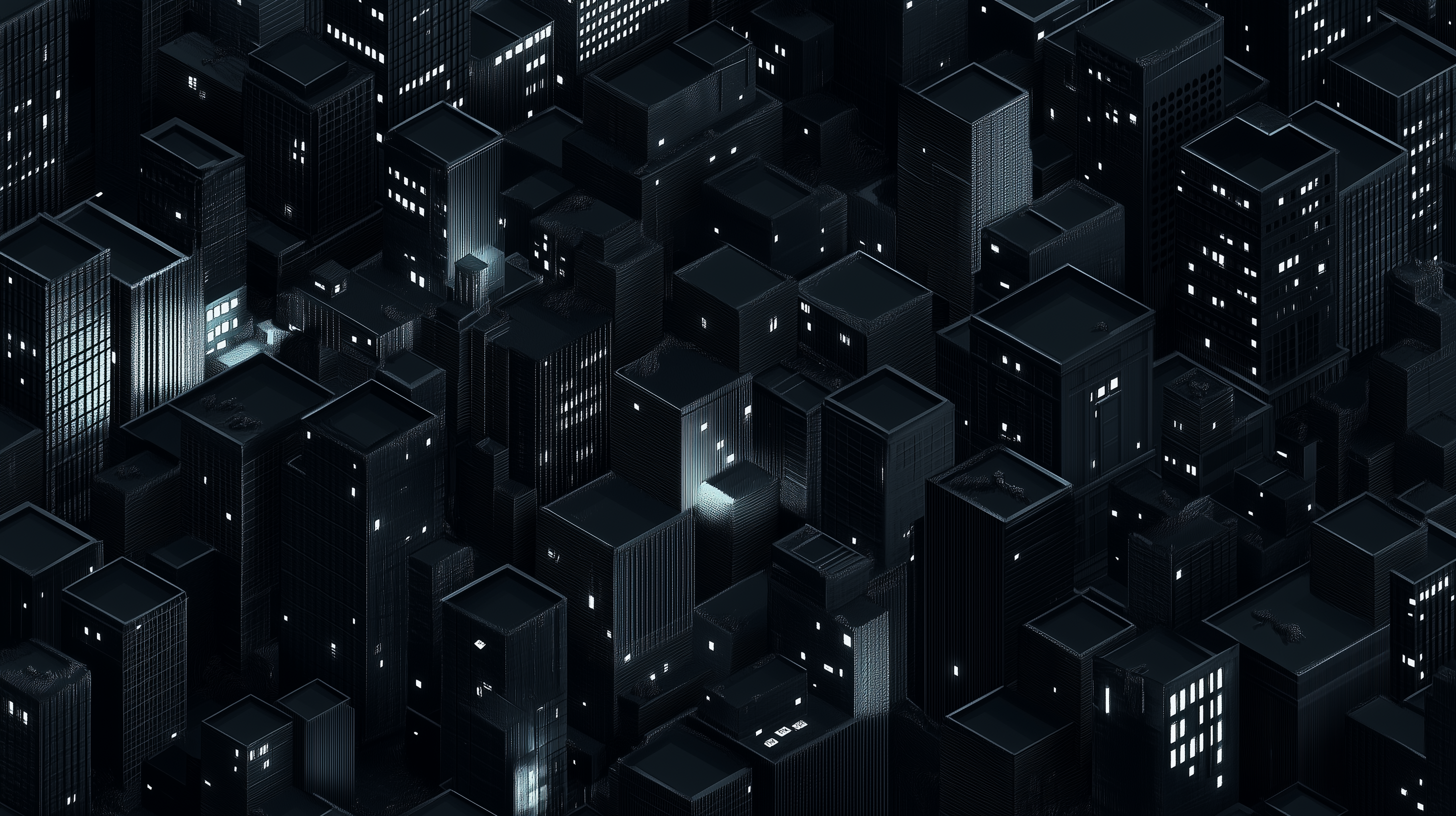 A high-definition cityscape wallpaper featuring a dark, urban skyline filled with black skyscrapers and illuminated windows against a black background.