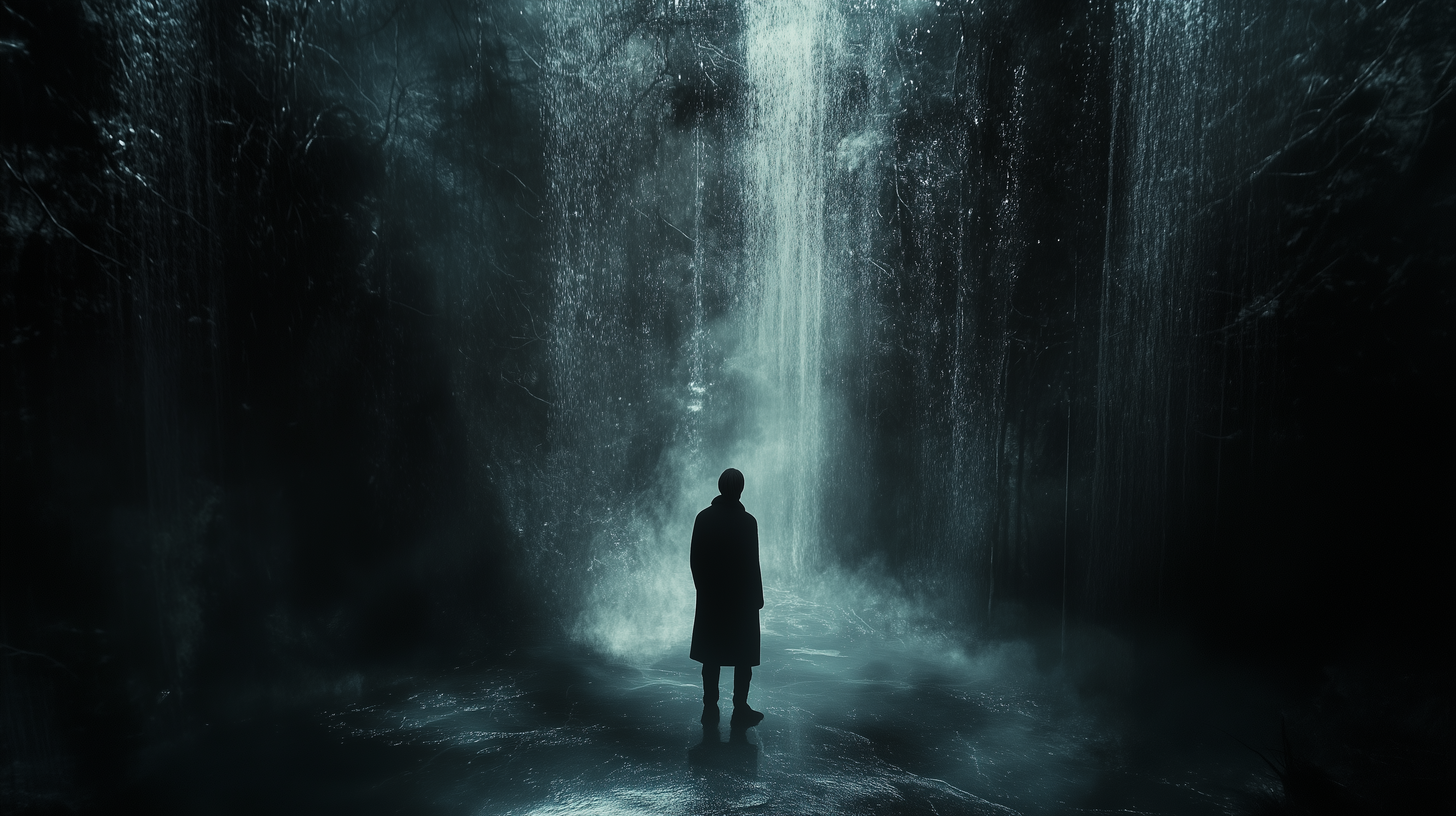 A solitary figure stands in a dark, misty forest, facing a cascading waterfall. The atmosphere is thick with a sense of loneliness and isolation.