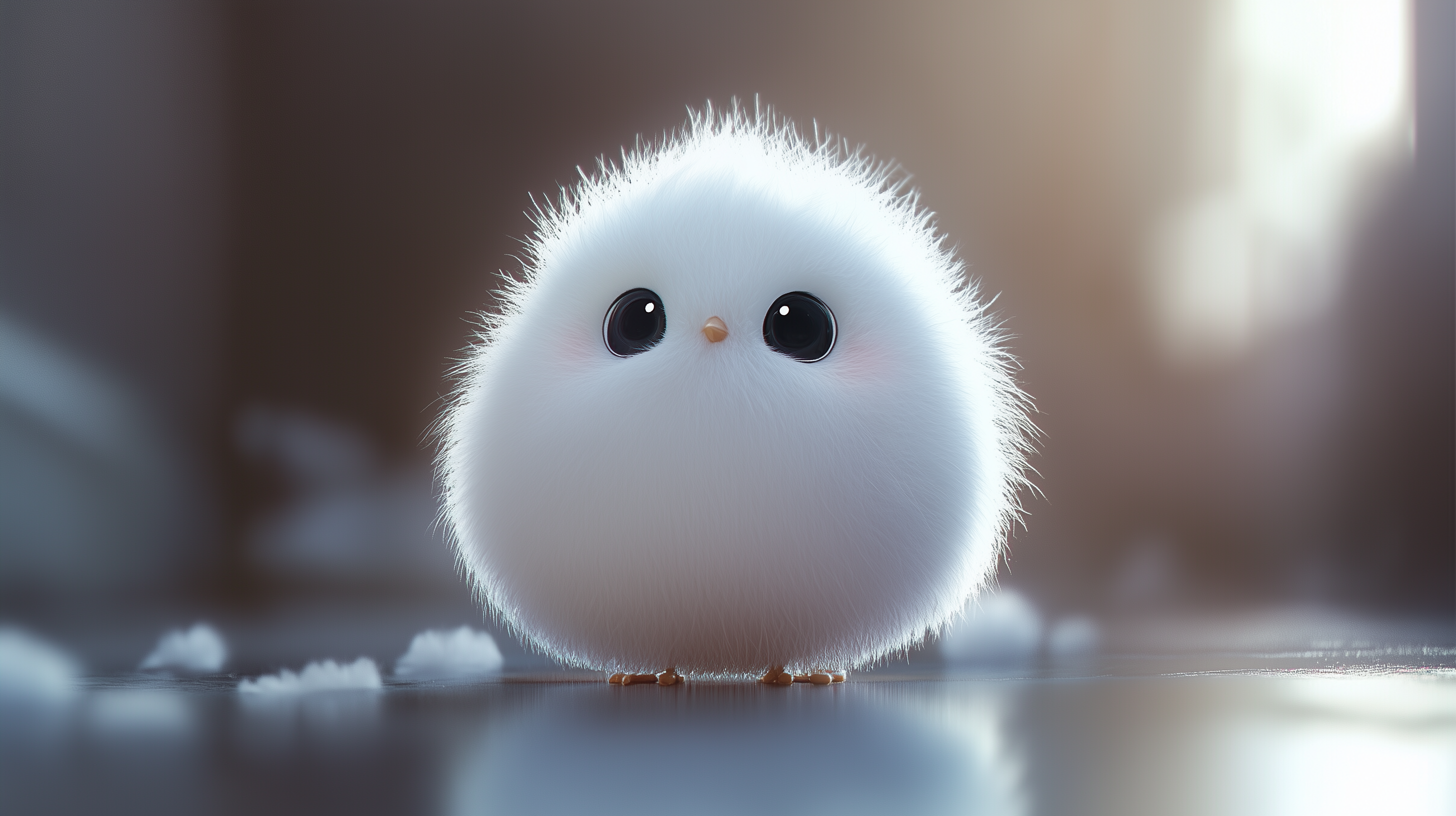 A cute, fluffy, white creature with large, expressive eyes stands on a shiny surface, surrounded by soft, white fluff that adds a whimsical touch to the scene.