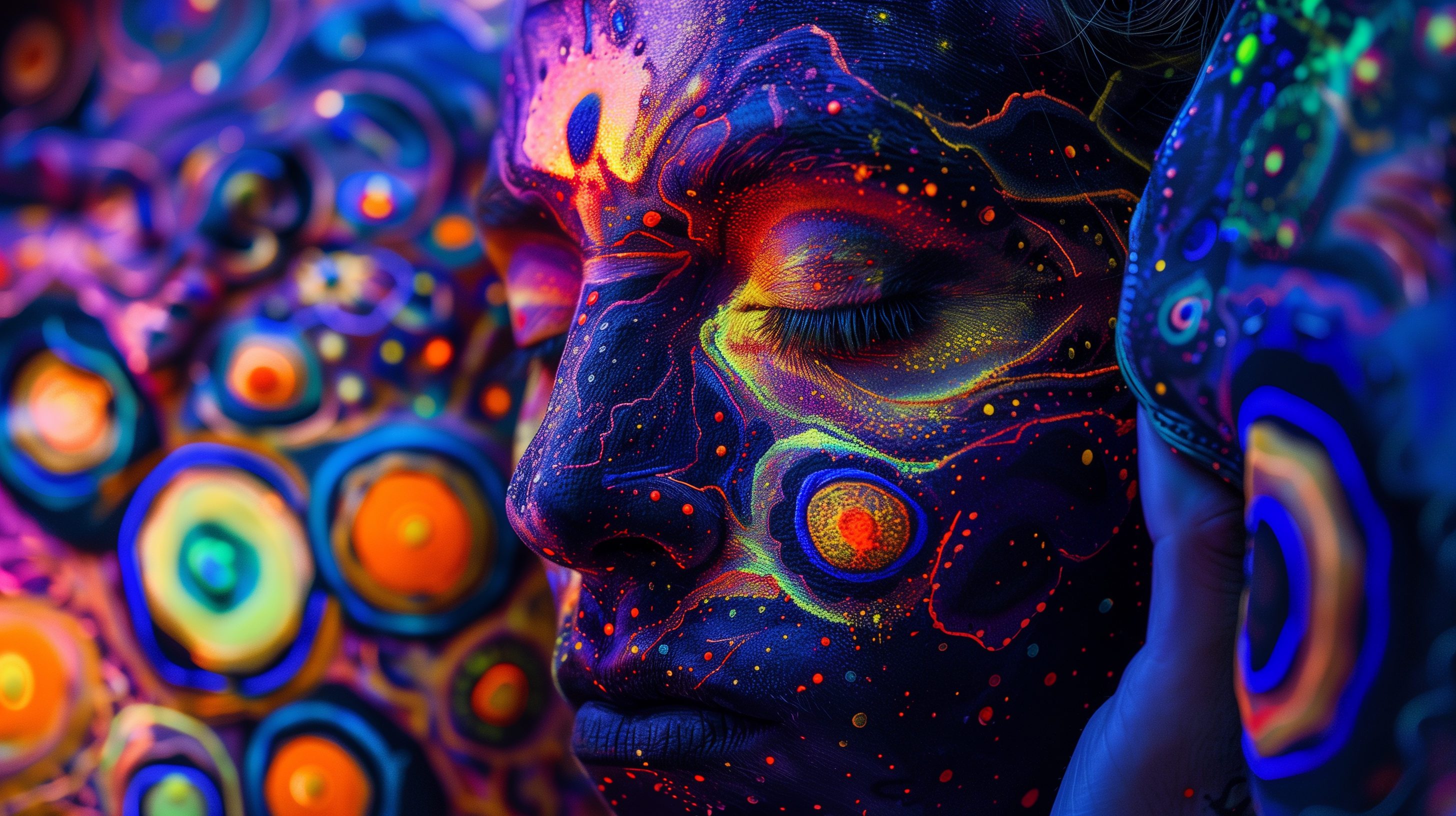 A close-up of a face adorned with vibrant blacklight body paint, showcasing colorful patterns and cosmic designs, with another painted face partially visible in the background.