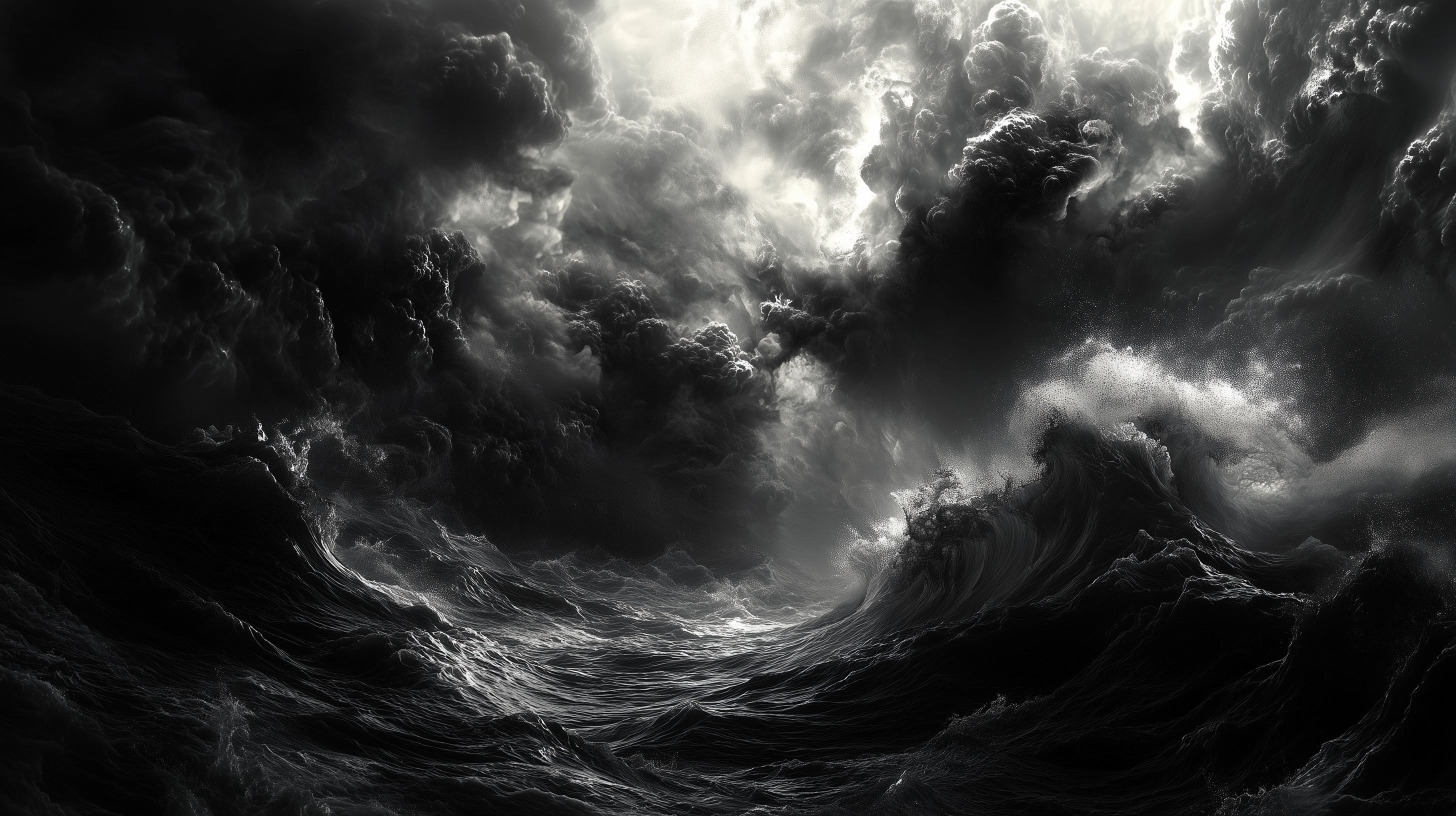 A dramatic black and white scene depicts turbulent waves crashing under a stormy sky filled with dark, swirling clouds. The atmosphere conveys a sense of intensity and motion.