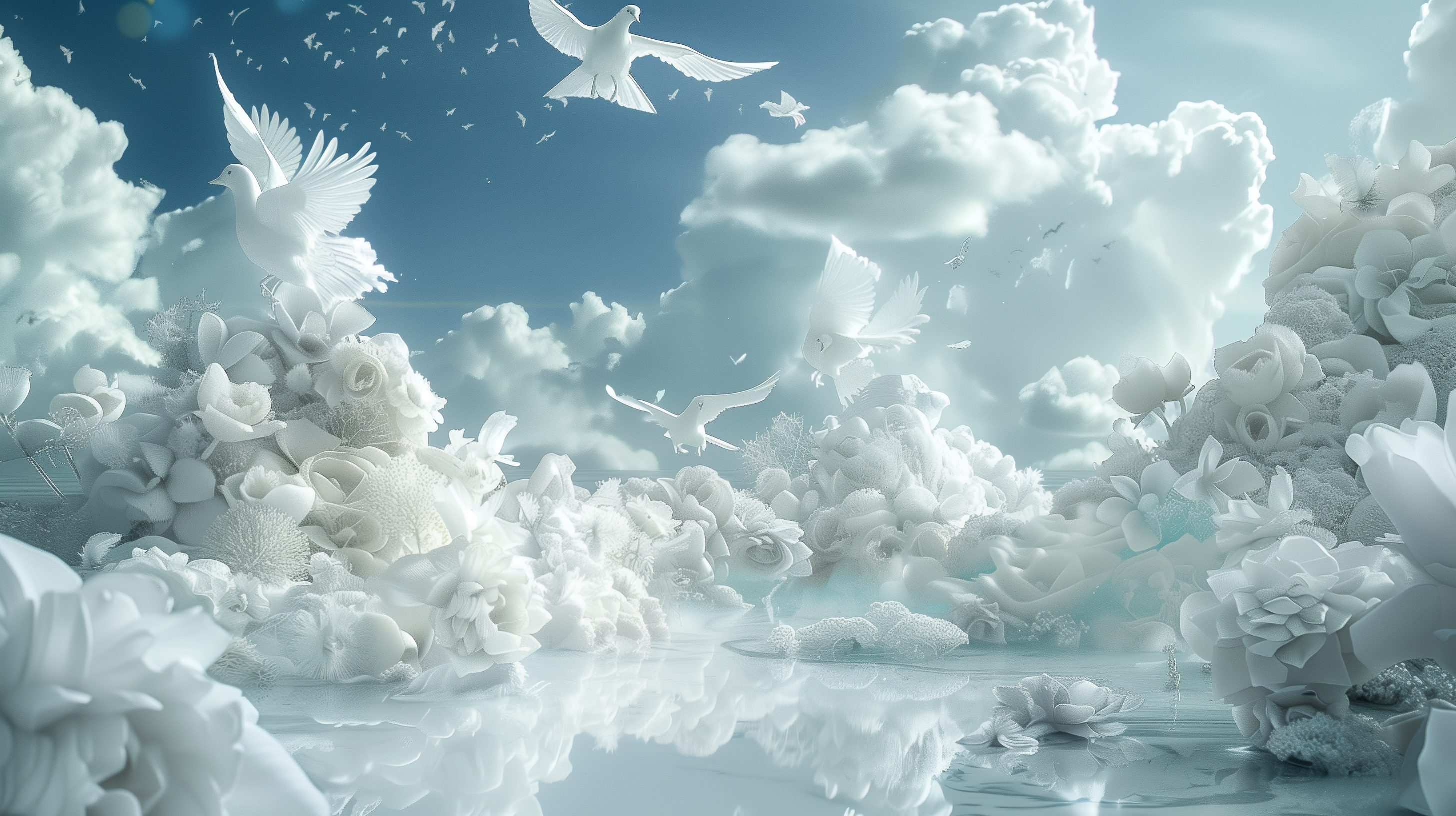 Surreal HD desktop wallpaper featuring white doves flying over a serene, cloud-infused landscape with white flowers reflecting off a calm water surface.