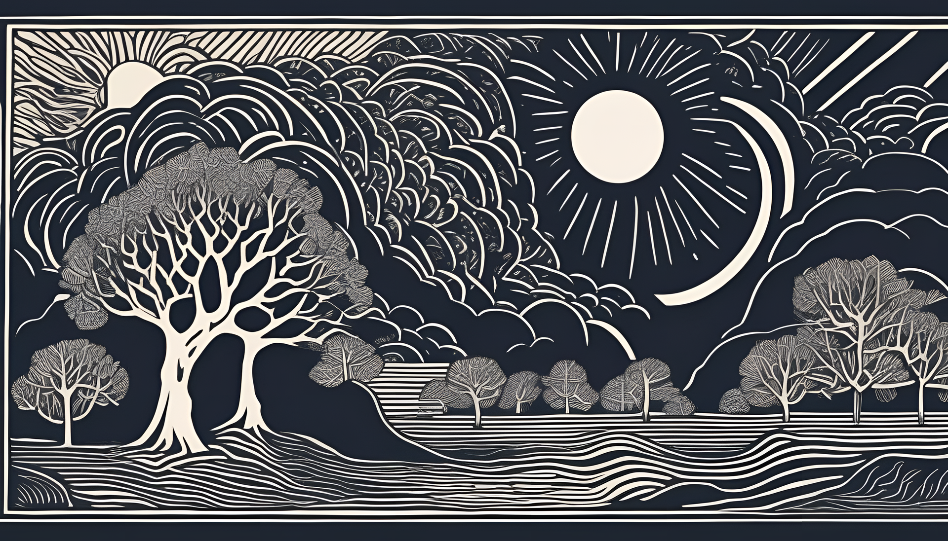 Linocut art-inspired desktop wallpaper design.