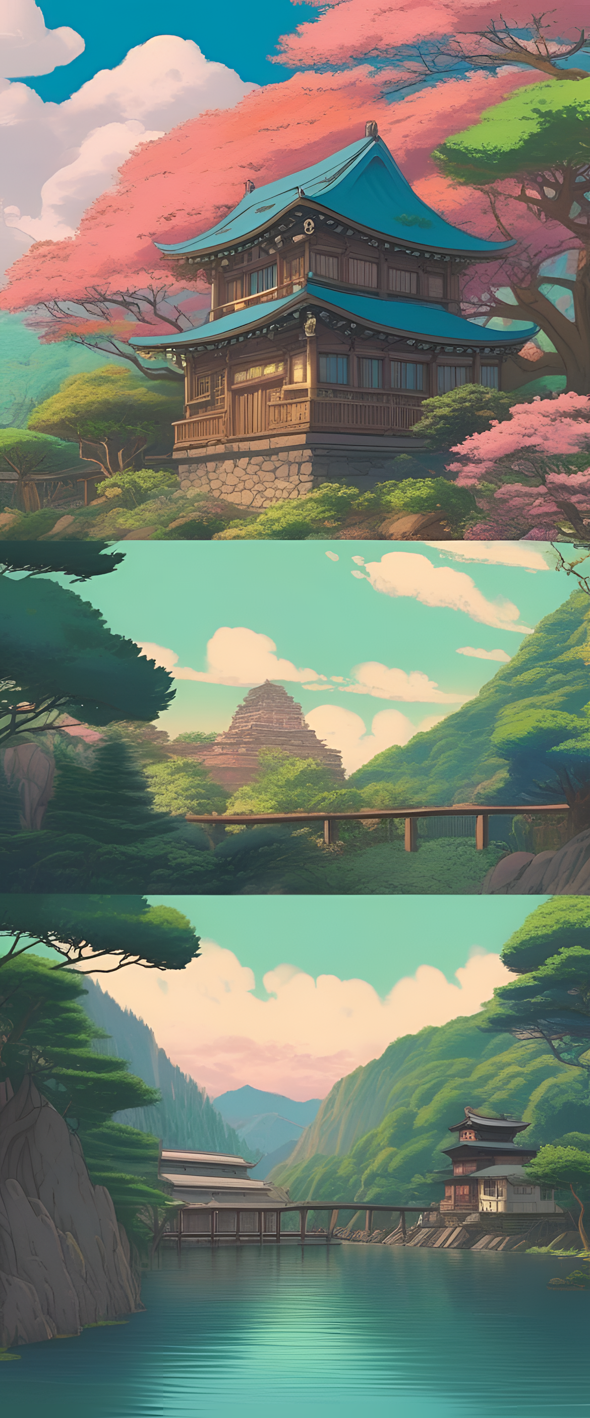 Colorful nature landscape featuring a serene waterfall, lush green trees, and vibrant flowers in the style of Studio Ghibli.