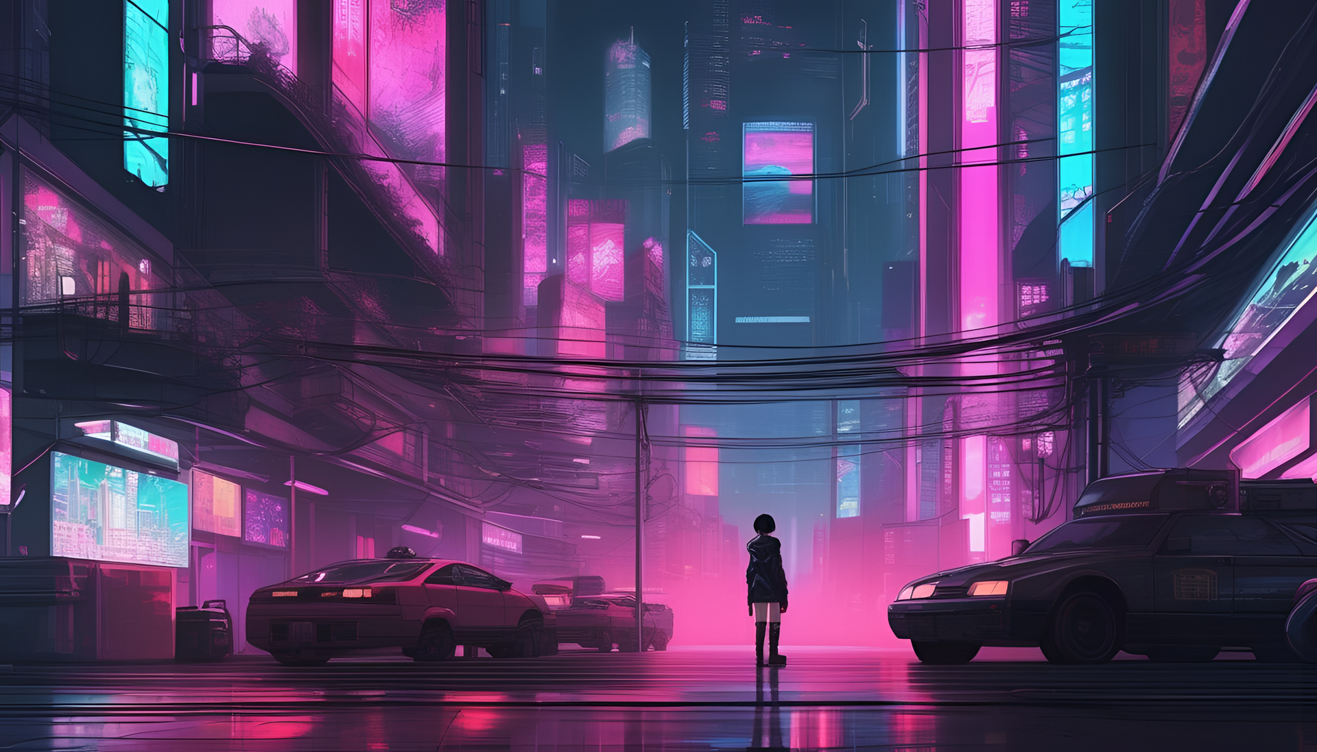 Cyberpunk anime cityscape at night.